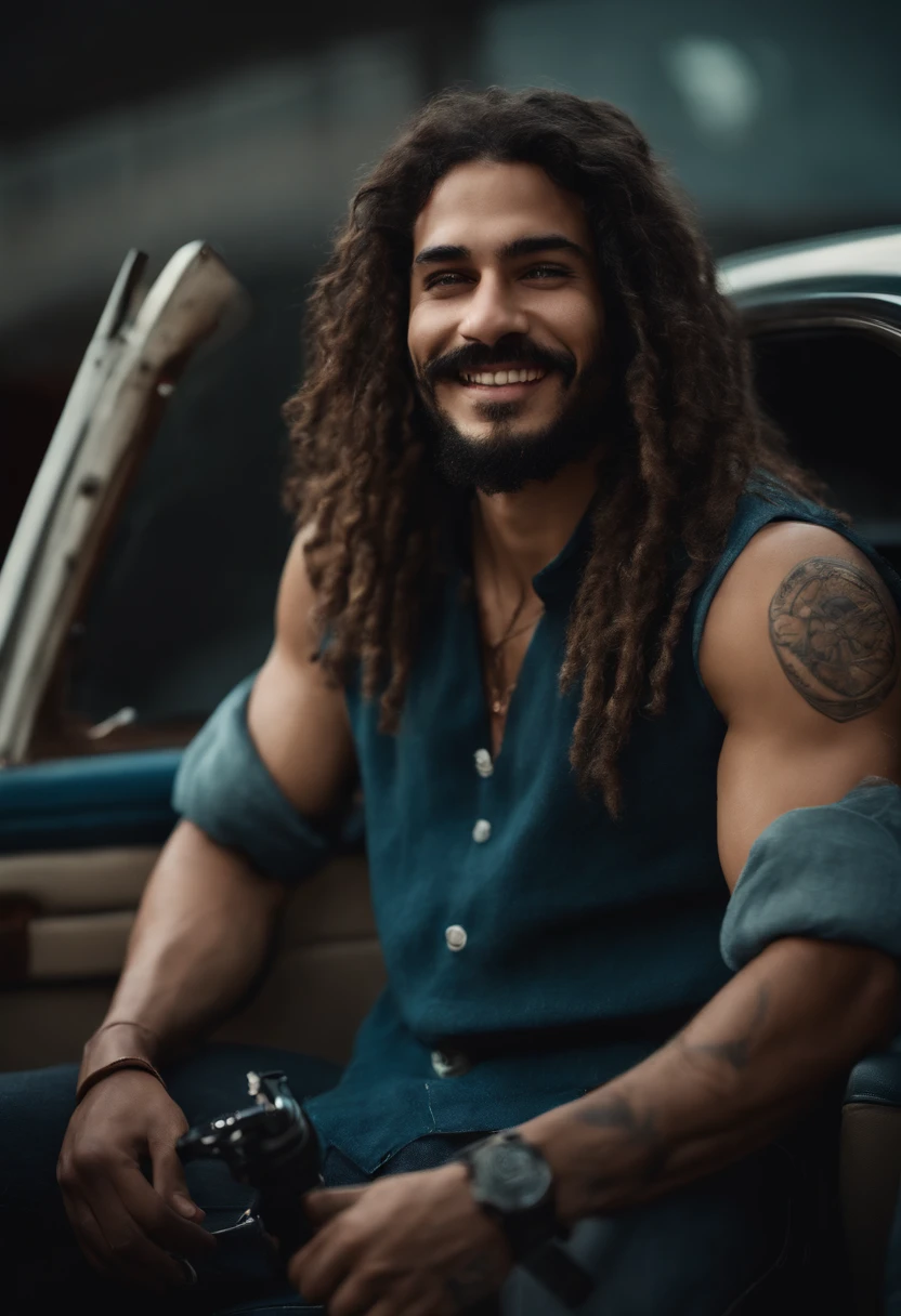 Realistic, full hd, good quality, a young man, latin, big full dreadlocks, a full-toothed smile, lips are slightly parted, corners of the mouth are slightly upturned, big dark brown curly hair, volumous hair, with some frizz, frizz on hair, full hair, very short messy beard, very shirt messy mustache, a clear line separating it from his mustache, has a prominent nose with a slightly curved shape, Roman nose, has a very slightly lean and muscular physique, slightly muscular chest and arms, confident posture, fitness, short rectangular face shape, square jawline, well-defined facial features, eyebrows raised and curved, mischievous eyebrows, frowned eyebrows, has a long and wide smile, long eyebrowns, messy eyebrowns, silver dog tag necklage, wears a common red blouse and blue shorts, tattoos in one of arms, has a gun in his hand, is sitting inside a car, best quality, cinematic