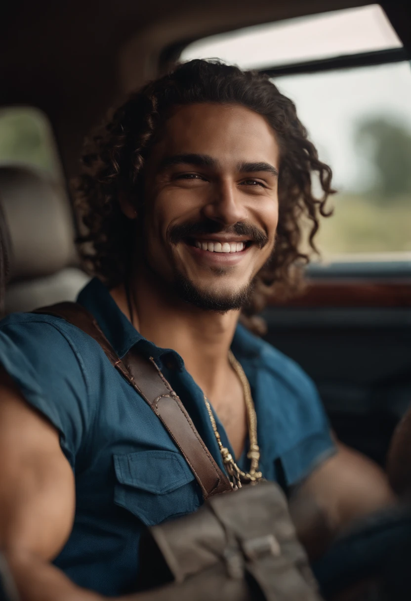 Realistic, full hd, good quality, a young man, latin, big full dreadlocks, a full-toothed smile, lips are slightly parted, corners of the mouth are slightly upturned, big dark brown curly hair, volumous hair, with some frizz, frizz on hair, full hair, very short messy beard, very shirt messy mustache, a clear line separating it from his mustache, has a prominent nose with a slightly curved shape, Roman nose, has a very slightly lean and muscular physique, slightly muscular chest and arms, confident posture, fitness, short rectangular face shape, square jawline, well-defined facial features, eyebrows raised and curved, mischievous eyebrows, frowned eyebrows, has a long and wide smile, long eyebrowns, messy eyebrowns, silver dog tag necklage, wears a common red blouse and blue shorts, tattoos in one of arms, has a gun in his hand, is sitting inside a car, best quality, cinematic