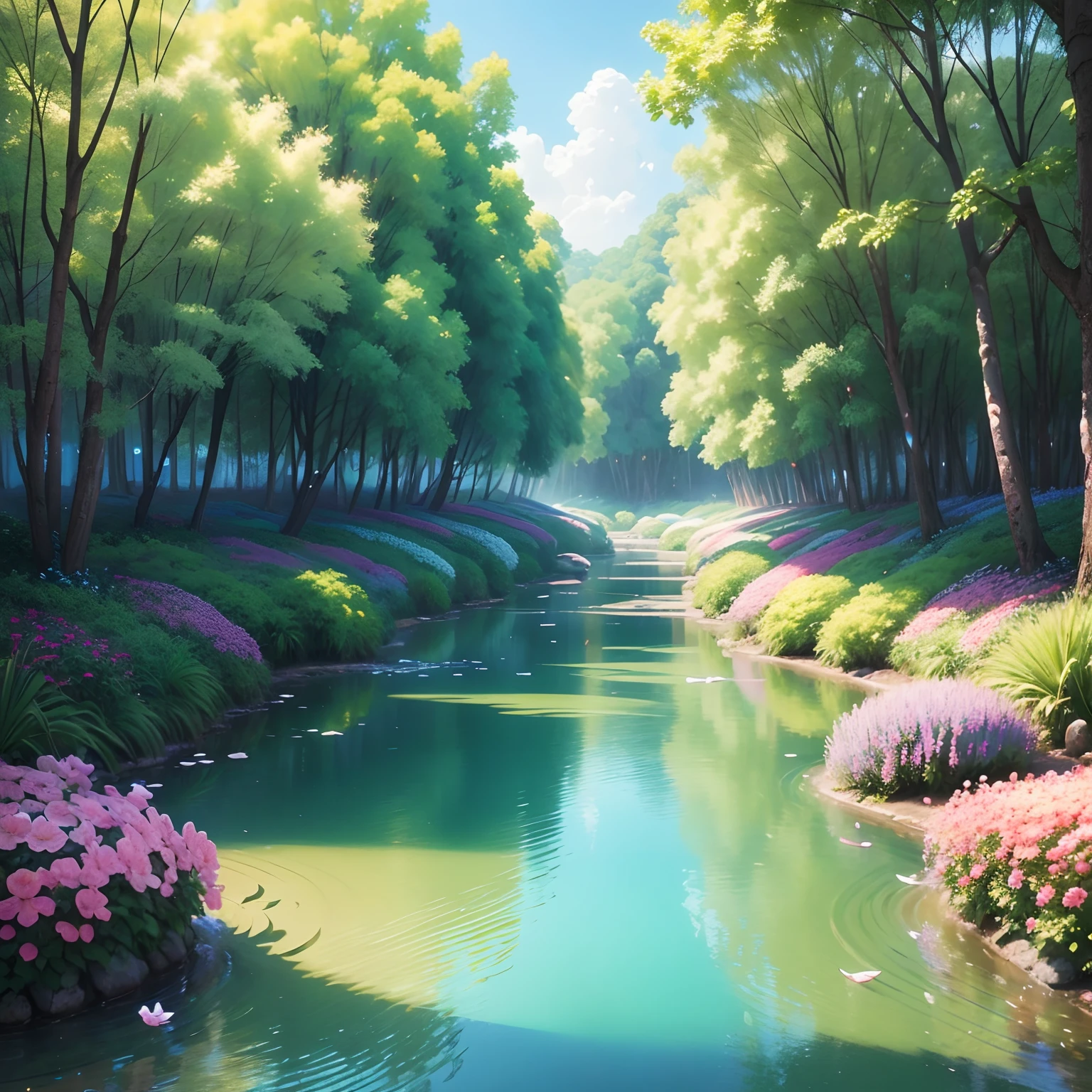 "A beautiful flowery field, com flores e rosas coloridas diamantes, crystal water, Sustainable homes in nature, arte realista, alta qualidade, realismo, lindas cores, rosas diamantes, super detalhado, hiper realista, natureza brilhante, rosas detalhas, rosas brilhosas, flores brilhantes, natureza resplandecente, arte viva, Enchanting paradise, nuvens entre folhas, nuvens entre a natureza, magical birds, wings of shining birds, cores naturais, pedras preciosas verdes, diamantes coloridos nas flores, diamantes coloridos nas rosas, HD, 10K.”