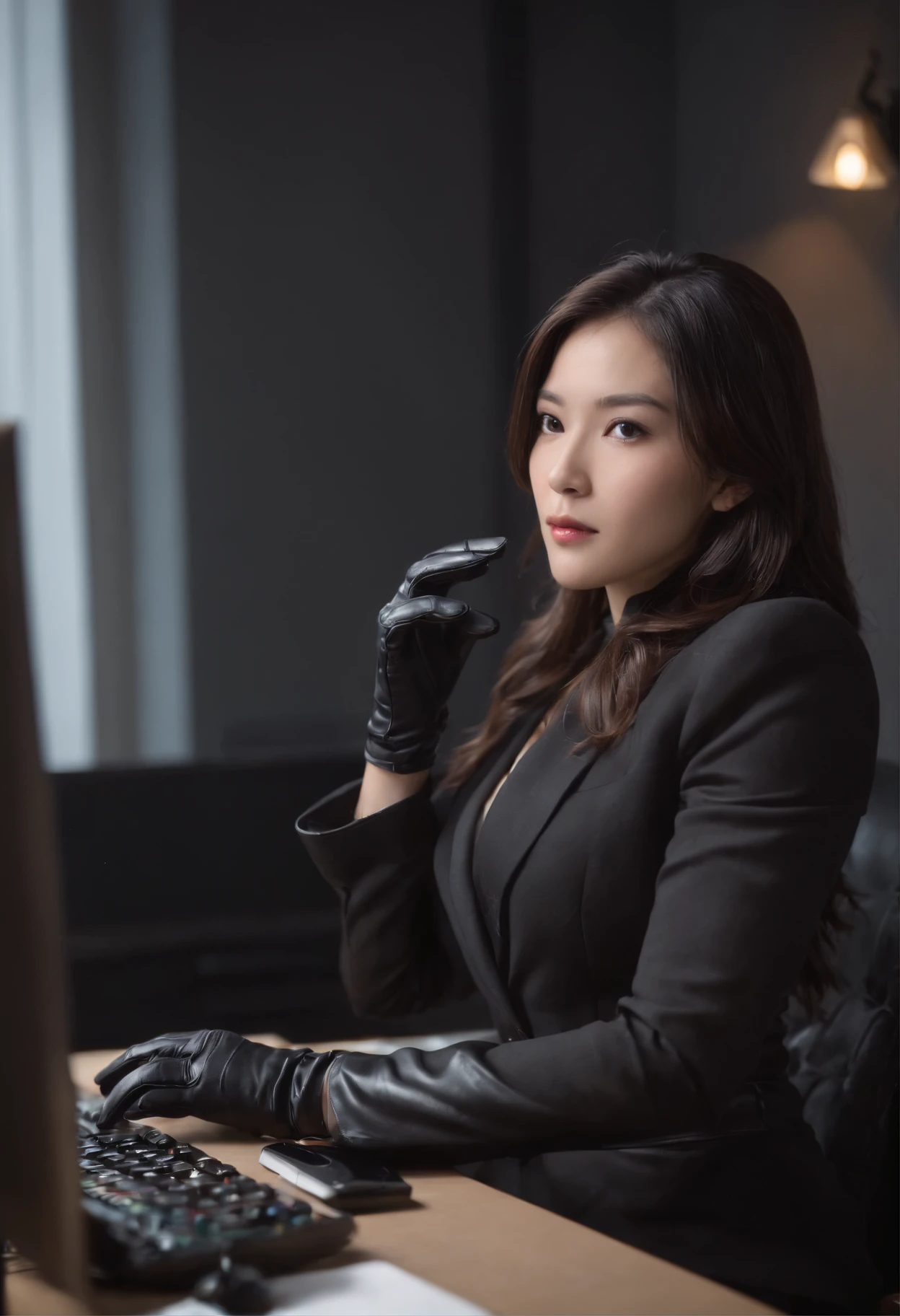 Wearing black leather gloves on both hands, Upper body, Black business suit, Facing the desk in my room with a computer in the dark, Tapping the keys on the computer keyboard with the fingertips of black leather gloves while looking at the screen, Black hair was tied back for a long time, Japan female new employees (Black leather gloves cover both hands) (The angle is in front)