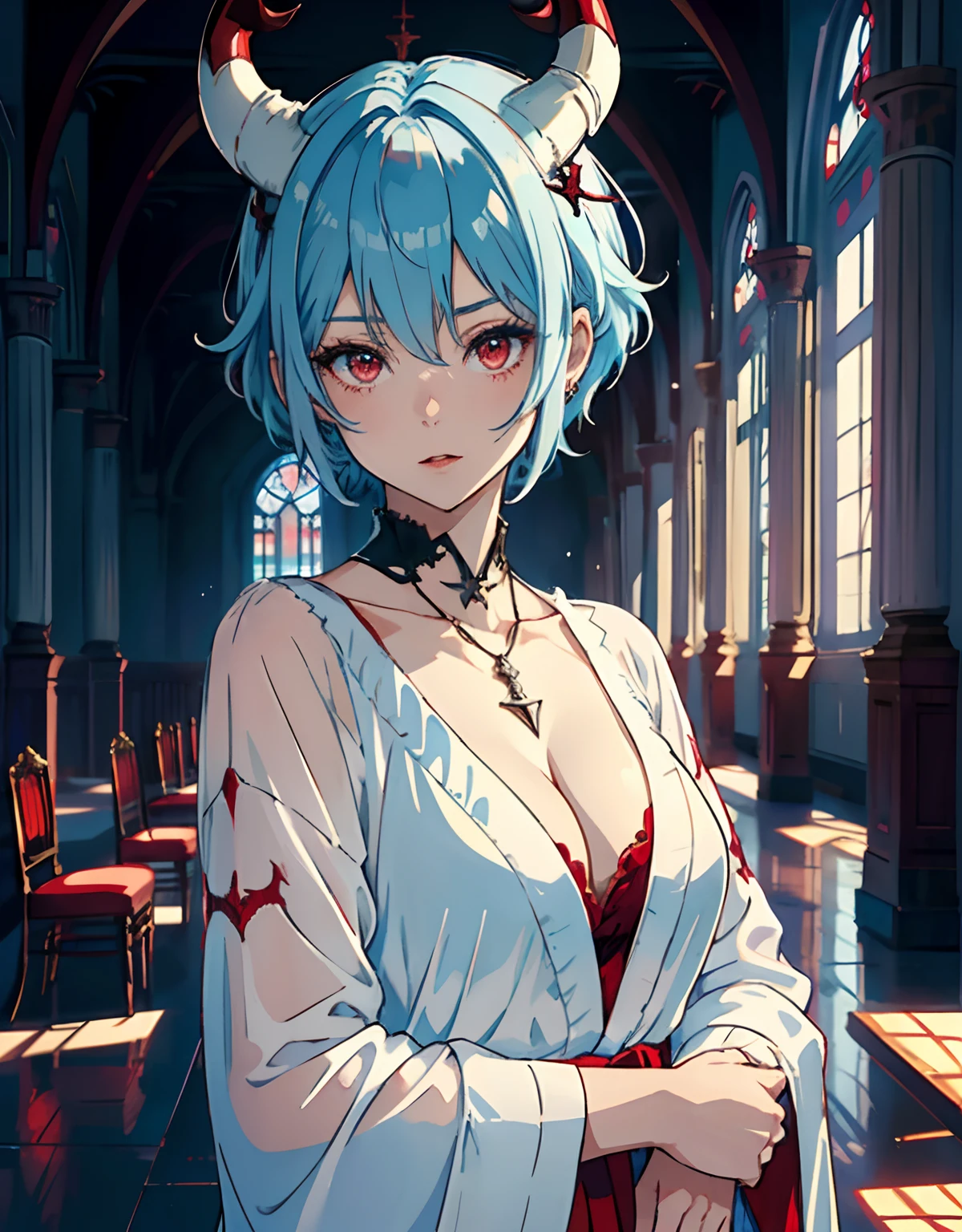 ((masterpiece, best quality)), (1girl, anime girl in dark castle hall),(mature, devil horn), (solo), (female focus), (light blue hair, short hair, messy hair),red eyes, (white robe, vampire)), pale skin, shy, portraits, close up, upper body, vibrant colors, soft lighting