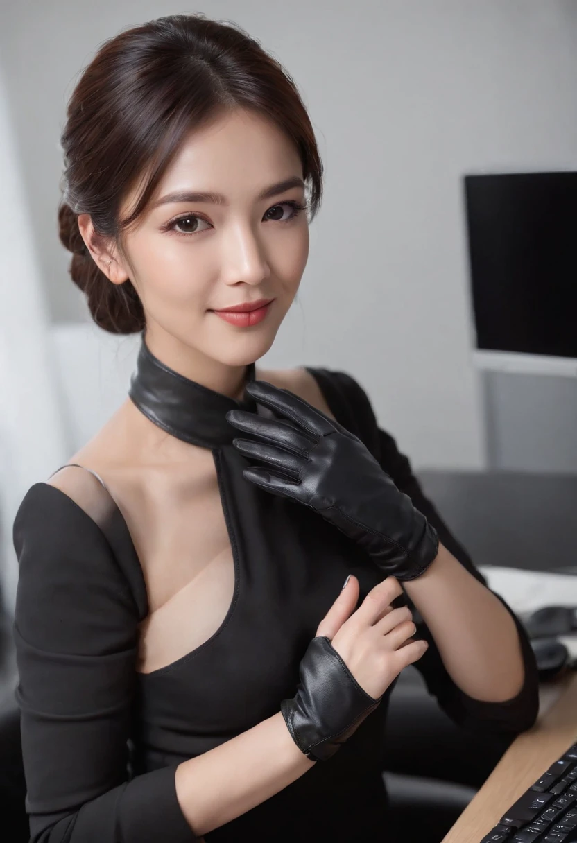 Wearing black leather gloves on both hands, Upper body, Black business suit, Facing the desk in my room with a computer in the dark, Smiling and looking at the screen, Operating the computer with the fingertips of black leather gloves, Black hair was tied back for a long time, Japan female new employee who is still young and very cute (Black leather gloves cover both hands)
