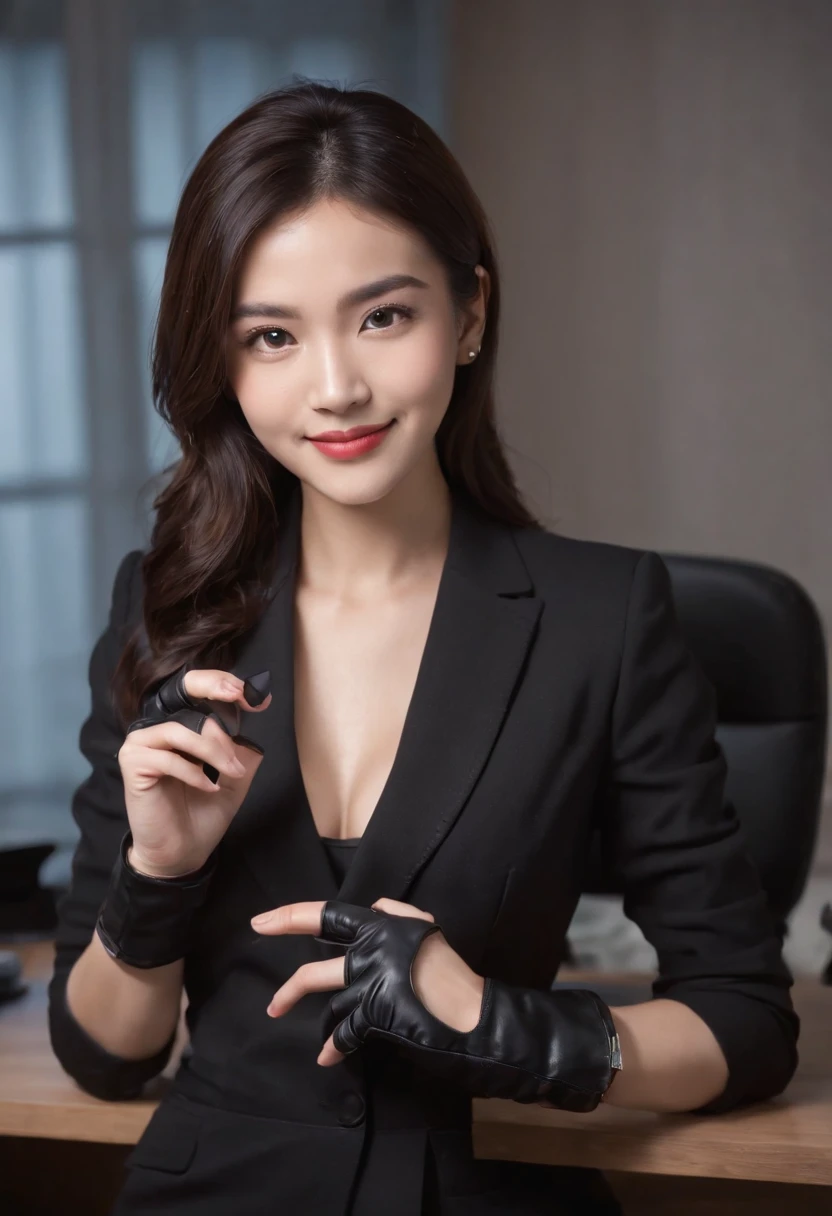 Wearing black leather gloves on both hands, Upper body, Black business suit, Facing the desk in my room with a computer in the dark, Smiling and looking at the screen, Operating the computer with the fingertips of black leather gloves, Black hair was tied back for a long time, Japan female new employee who is still young and very cute (Black leather gloves cover both hands)