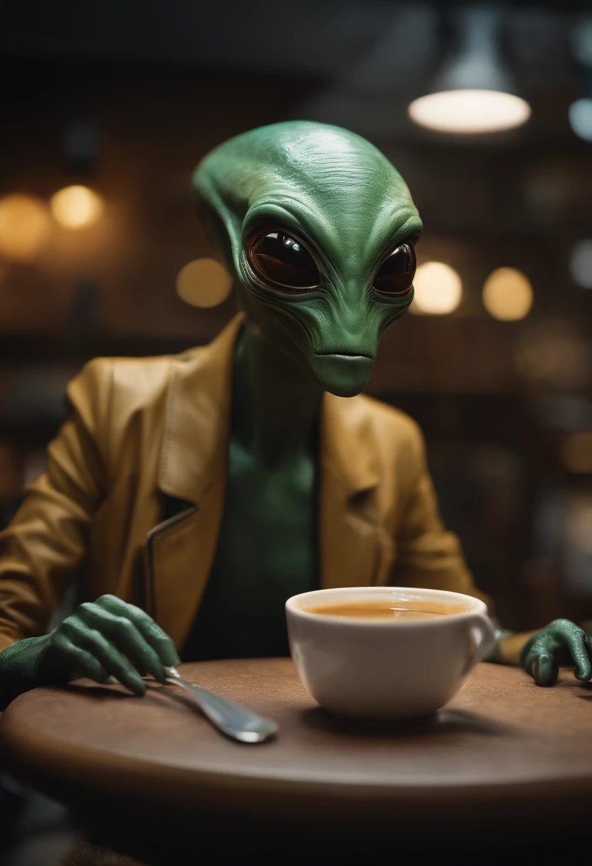 Alien sitting in the cafe thinking of life and drinking coffee, RAW photo, (high detailed skin:1.2), 8k uhd, dslr, soft lighting, high quality, film grain, Fujifilm XT3