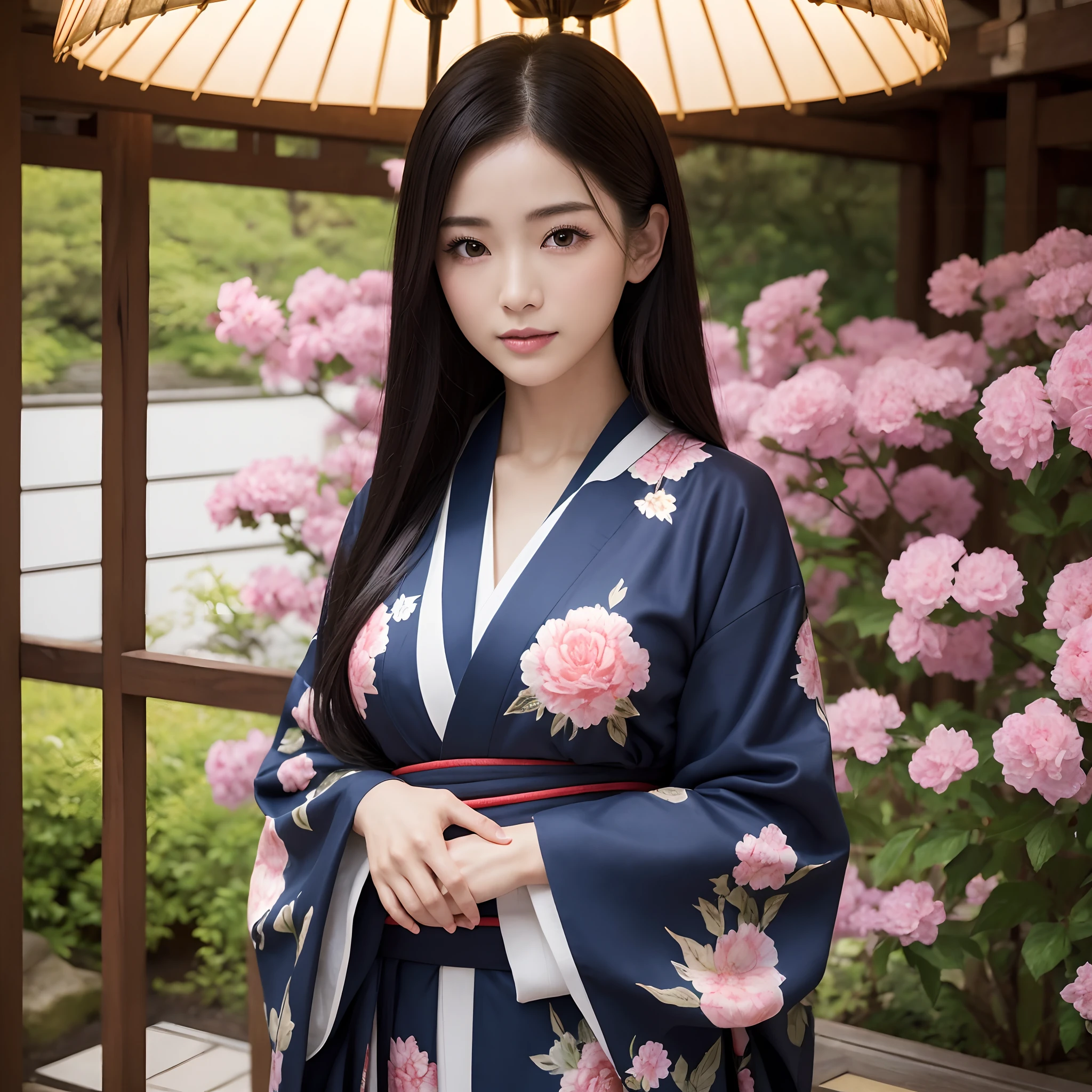 (Woman in Kimono)、((best qualtiy、8k masterpieces:1.3))、foco nítido:1.2、(ultra beautiful faces:1.0)、(shinny skin:1.0)、photos realistic、A dark-haired、Video Lighting、High-definition eyes and face、Video Lighting、25-year-old Japan actress、from the front side、medium breasts、Looks fun、Slender Abs Beauty、Whole body、wearing kimonos、in japanese garden