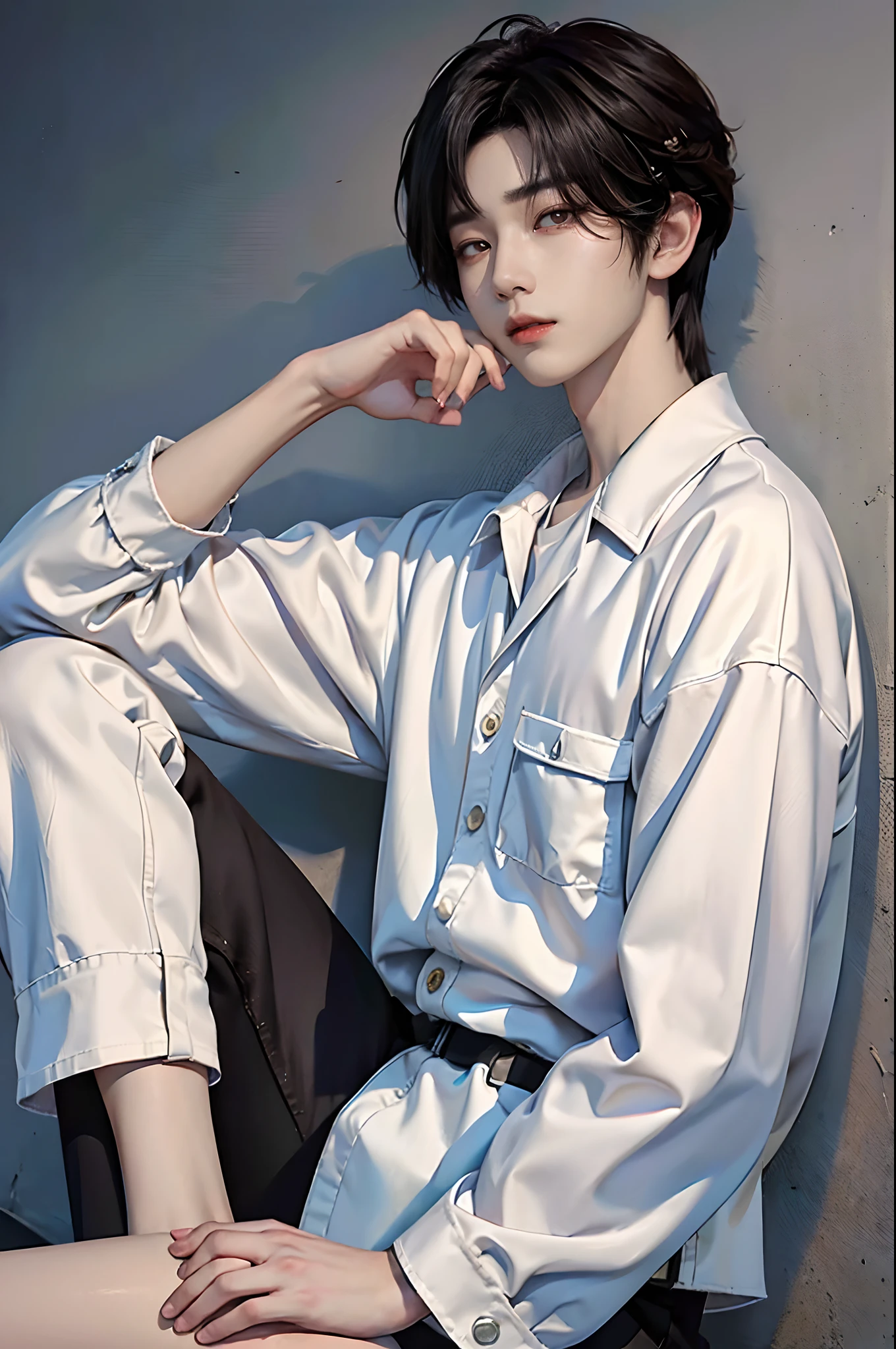 masterpiece、(top-quality)、((high-level image quality))、One Manly Boy、Slim body、((White Y-shirt and long black pants))、(Detailed beautiful eyes)、September Night Road、Sitting on the curb with your back to the wall、Face similar to Chaewon in Ruseraphim、((short hair above the ears))、((Smaller face))、((Neutral face))、((Light brown eyes))、((Korean boy))、((18year old))、((Handsome man))、((Wild look))、((Korean Makeup))、((elongated and sharp eyes))、((Sit next to the viewer))、((shot from a side angle))、((The upper part of the body))、((Close-range shooting))