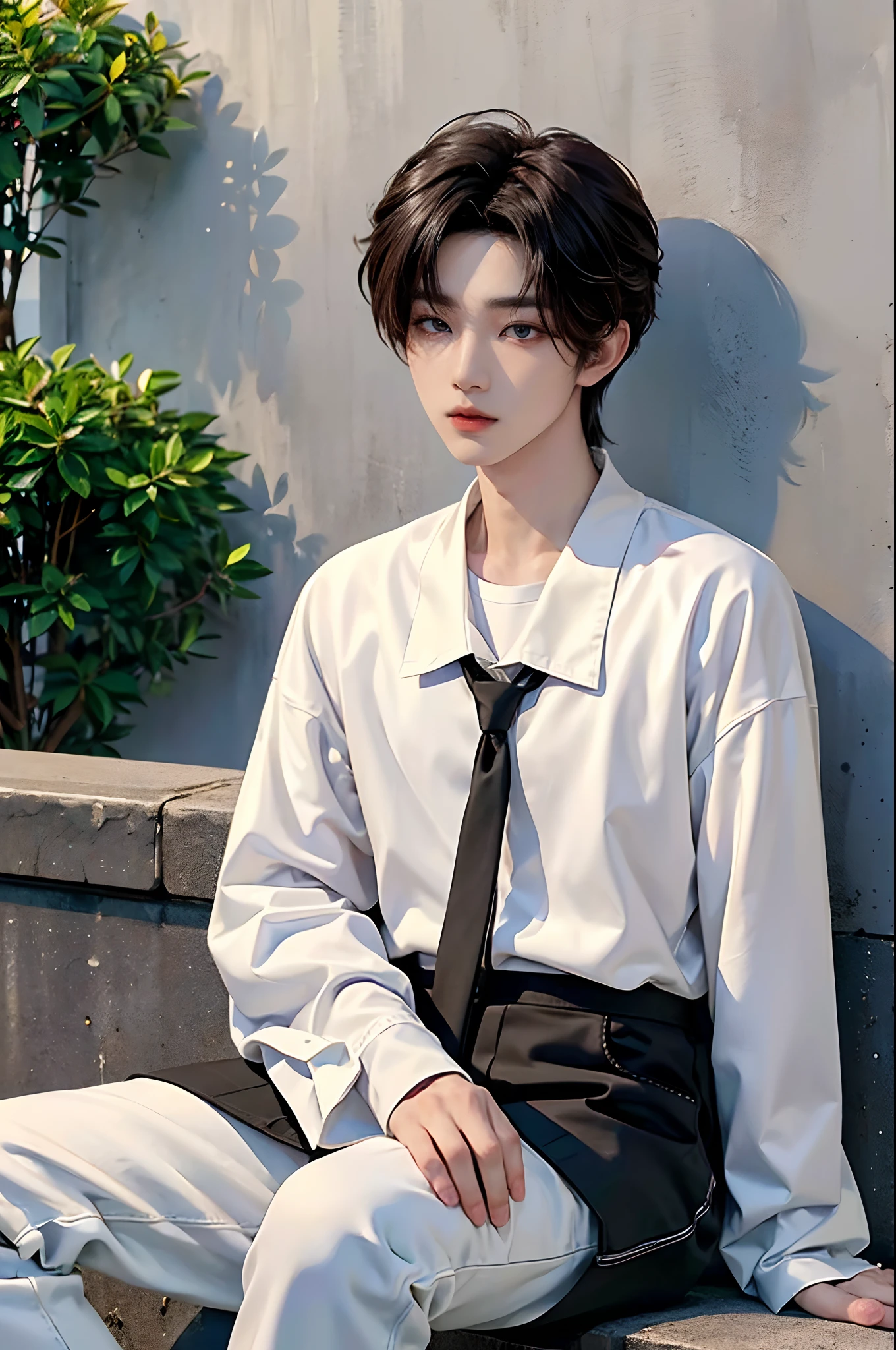 ​masterpiece、（top-quality)、((high-level image quality))、One Manly Boy、Slim body、((White Y-shirt and long black pants))、(Detailed beautiful eyes)、September Night Road、Sitting on the curb with your back to the wall、Face similar to Chaewon in Ruseraphim、((short hair above the ears))、((Smaller face))、((Neutral face))、((Light brown eyes))、((Korean boy))、((18year old))、((Handsome man))、((Wild look))、((Korean Makeup))、((elongated and sharp eyes))、((Sit next to the viewer))、((shot from a side angle))、((The upper part of the body))、((Close-range shooting))