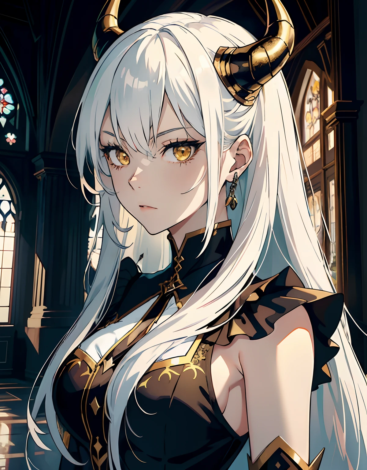 ((masterpiece, best quality)), (1girl, anime girl in dark castle hall),(mature, devil horn), (solo), (female focus), (white hair, long hair, straight hair),yellow eyes, ((black gown)), pale skin, evil, vicious, closed mouth, portraits, close up, upper body, vibrant colors, soft lighting