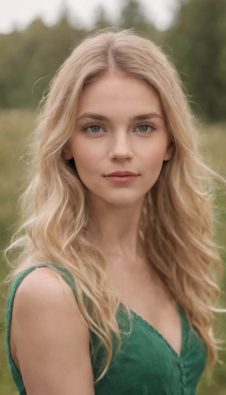 Photo moyenne en gros plan, Jolie et magnifique fille blonde(long and messy hair) Nordique 22 ans, Detailed (Detailed bright green eyes, nez mince, (look at camera), specular lighting, DSLR, ultra quality, mise au point nette, tranchant, dof, grain du film, centered, Fujifilm XT3, Cristallin