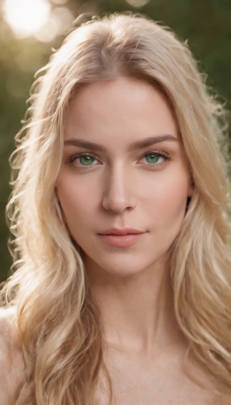 Photo moyenne en gros plan, Jolie et magnifique fille blonde(long and messy hair) Nordique 22 ans, Detailed (Detailed bright green eyes, nez mince, (look at camera), specular lighting, DSLR, ultra quality, mise au point nette, tranchant, dof, grain du film, centered, Fujifilm XT3, Cristallin