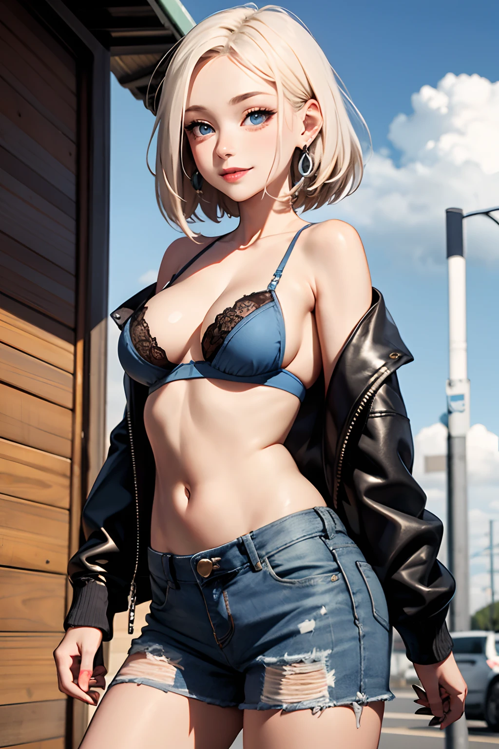 1girl in, Solo, Android 18, silver Blonde hair, Blue eyes, Short hair, Jewelry, earrings, Smile, Jacket, Looking to the side, denim, Denim jacket, Upper body, lingerie, Closed mouth, cloud, skyporn, day, Looking away, Blue sky, 鎖骨, Leather Mini Skirt、Amitants、Full body painting of boots、