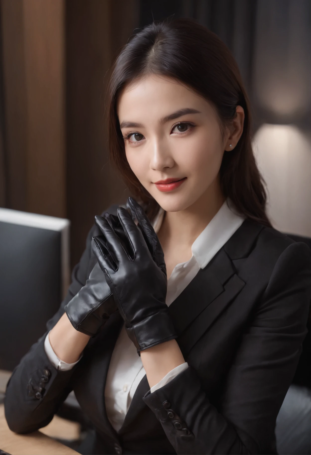 Wearing black leather gloves on both hands, Upper body, Black business suit, Facing the desk in my room with a computer in the dark, Smiling and looking at the screen, Operating the computer with the fingertips of black leather gloves, Black hair was tied back for a long time, Japan female new employee who is still young and very cute (Black leather gloves cover both hands)