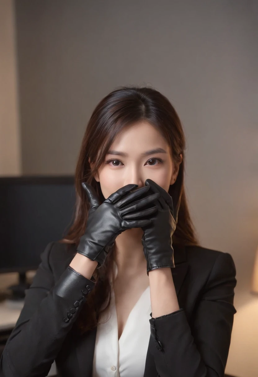 Wearing black leather gloves on both hands, Upper body, Black business suit, Facing the desk in my room with a computer in the dark, Smiling and looking at the screen, Operating the computer with the fingertips of black leather gloves, Black hair was tied back for a long time, Japan female new employee who is still young and very cute (Black leather gloves cover both hands)