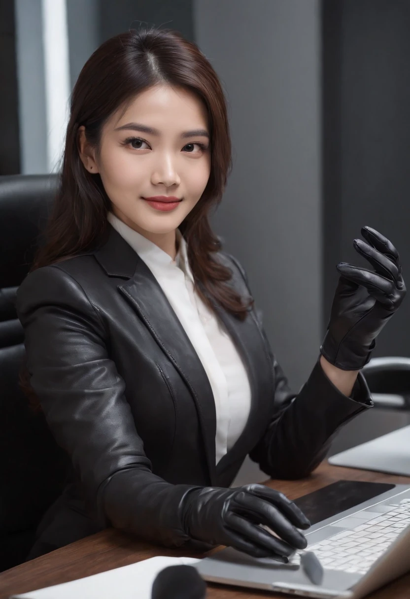 Wearing black leather gloves in both hands, upper body, black business suit, facing the desk in my room with a computer in the dark, looking down and smiling, operating the computer with the fingertips of black leather gloves, black hair bundled at the back for a long time, still young and very cute Japanese female new employee (black leather gloves cover both hands)