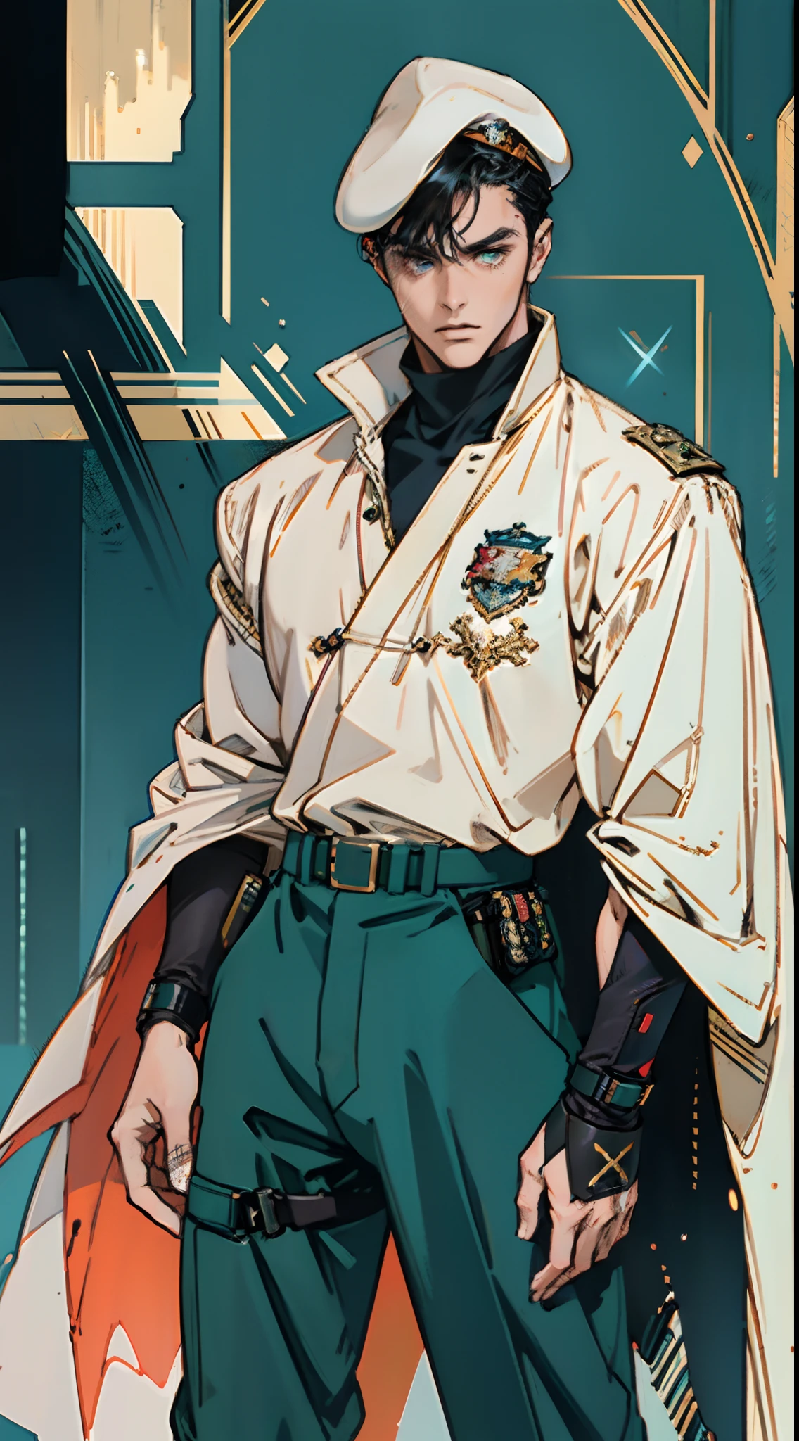 1 man, a man with black short hair, a beret on his head, icy and resolute eyes, a refined face, no expression, wears a two-piece futuristic military-style outfit, tall and slender, wears a light-colored Chinese-style undershirt, a short cape, primarily in shades of green and white, accented by touches of red and yellow, wears dark pants, holds a futuristic-style long metal rod in his hands, set within the futuristic sci-fi atmosphere of a spaceship, this character embodies a finely crafted a futuristic sci-fi military officer in anime style, characterized by an exquisite and mature manga illustration art style, high definition, best quality, highres, ultra-detailed, ultra-fine painting, extremely delicate, professional, anatomically correct, symmetrical face, extremely detailed eyes and face, high quality eyes, creativity, RAW photo, UHD, 8k, Natural light, cinematic lighting, masterpiece:1.5
