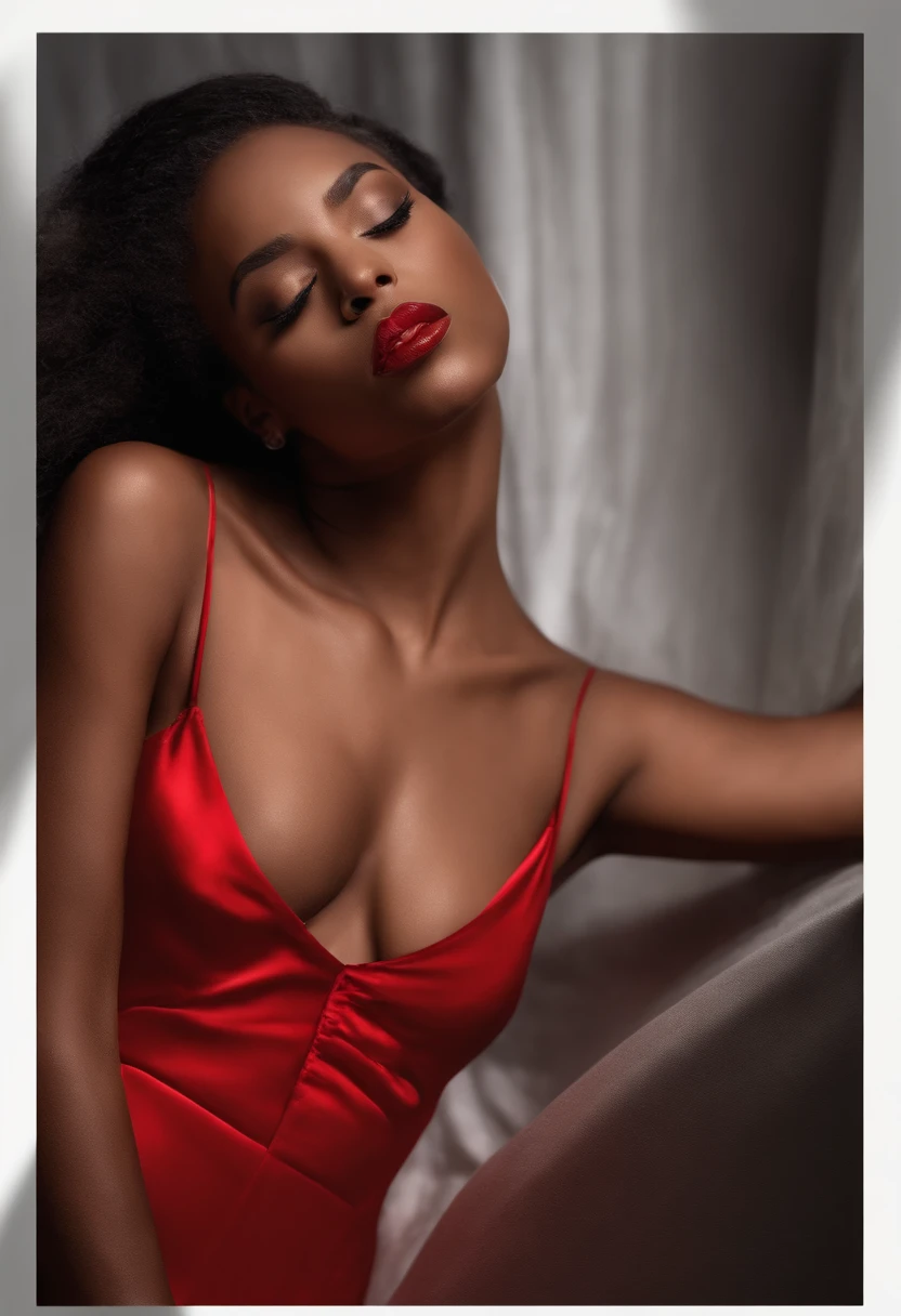 Young black woman in a tight red dress, hyper realistic, lying at the bed, Face vers le haut. sexy poitrine sexy, with a penis in the mouth