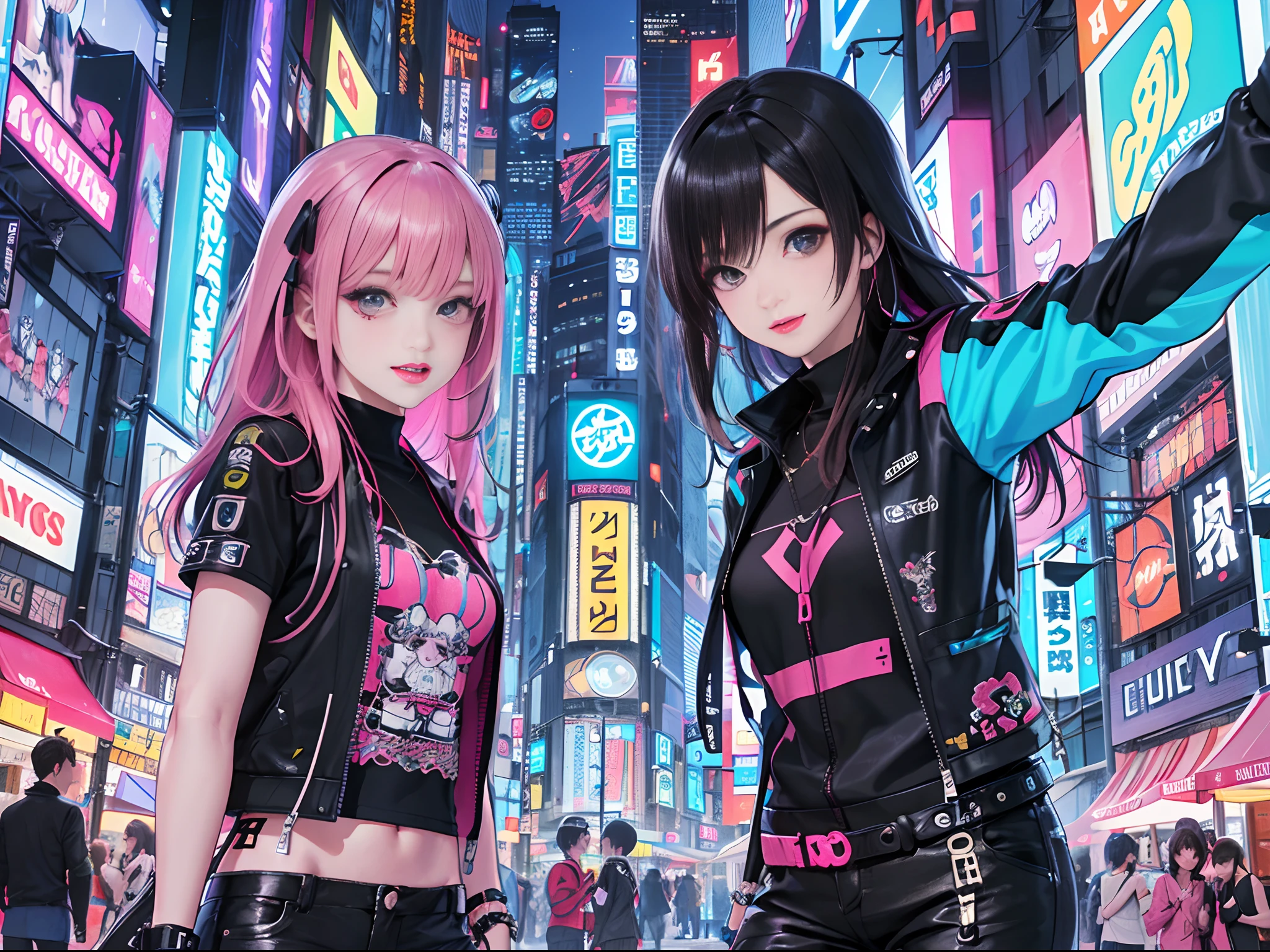 An anime illustration of 2 happy cyberpunk girls, selfie, confident laughing cyberpunk girls, ((Harajuku-inspired pop outfit and tech jacket)), bold colors and patterns, eye-catching accessories, trendy and innovative hairstyle, vibrant makeup, ((dynamic pose)), futuristic dazzling Cyberpunk cityscape, skyscrapers, neon signs, glowing LED lights, bright and vivid color scheme, anime, illustration, (beautiful detailed face), intricate details, ultra detailed.