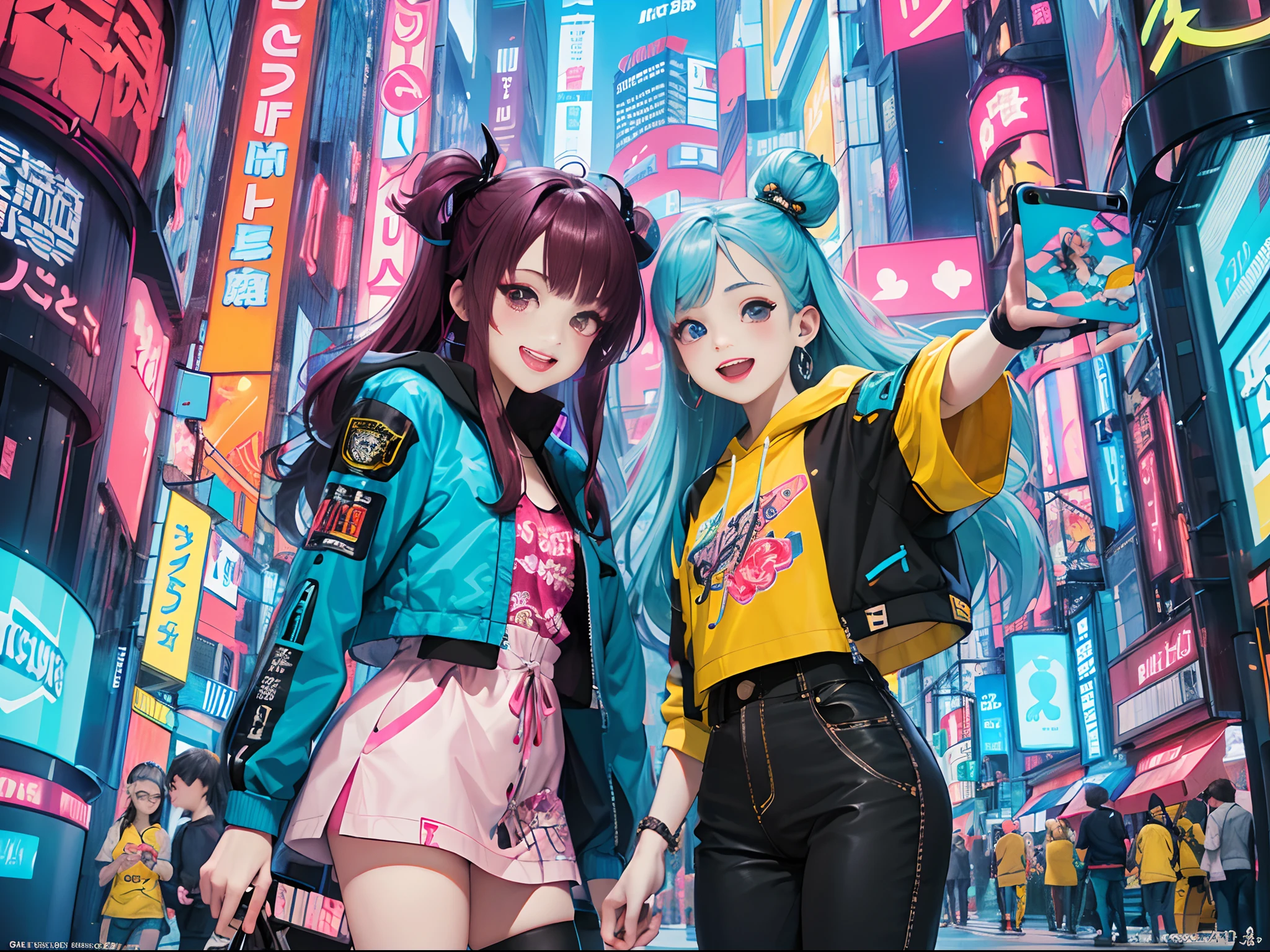 An anime illustration of 2 happy cyberpunk girls, selfie, confident laughing cyberpunk girls, ((Harajuku-inspired pop outfit and tech jacket)), bold colors and patterns, eye-catching accessories, trendy and innovative hairstyle, vibrant makeup, ((dynamic pose)), futuristic dazzling Cyberpunk cityscape, skyscrapers, neon signs, glowing LED lights, bright and vivid color scheme, anime, illustration, (beautiful detailed face), intricate details, ultra detailed.