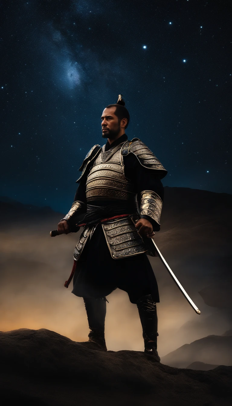 melhor qualidade, master part, ultra-highresolution, (fotografia realista:1.4), surrealismo, Semelhante a um sonho,FusionArt, em "Homem" samurai com sua roupa negra, conjurando uma magia de luz, with all the galactic starry sky,Magnificent,Luz das estrelas cintilante,ilimitado,Fantastic sights