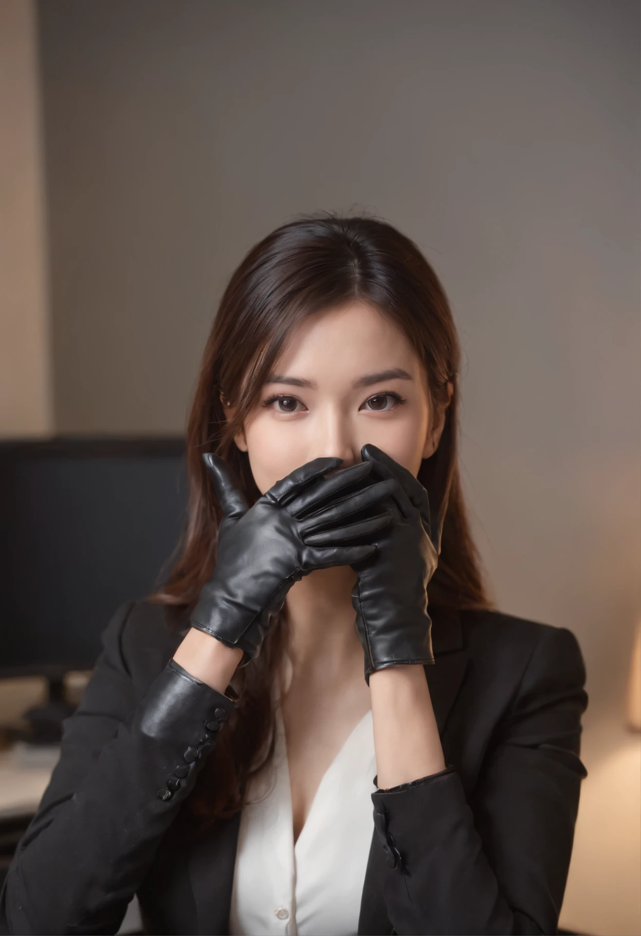 Wearing black leather gloves on both hands, Upper body, Black business suit, Facing the desk in my room with a computer in the dark, Smiling and looking at the screen, Operating the computer with the fingertips of black leather gloves, Black hair was tied back for a long time, Japan female new employee who is still young and very cute (Black leather gloves cover both hands)