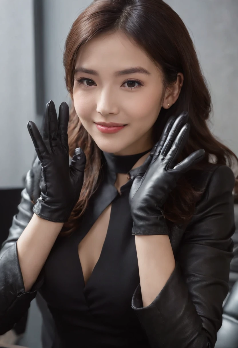 Wearing black leather gloves on both hands, Upper body, Black business suit, Facing the desk in my room with a computer in the dark, Smiling and looking at the screen, Operating the computer with the fingertips of black leather gloves, Black hair was tied back for a long time, Japan female new employee who is still young and very cute (Black leather gloves cover both hands)