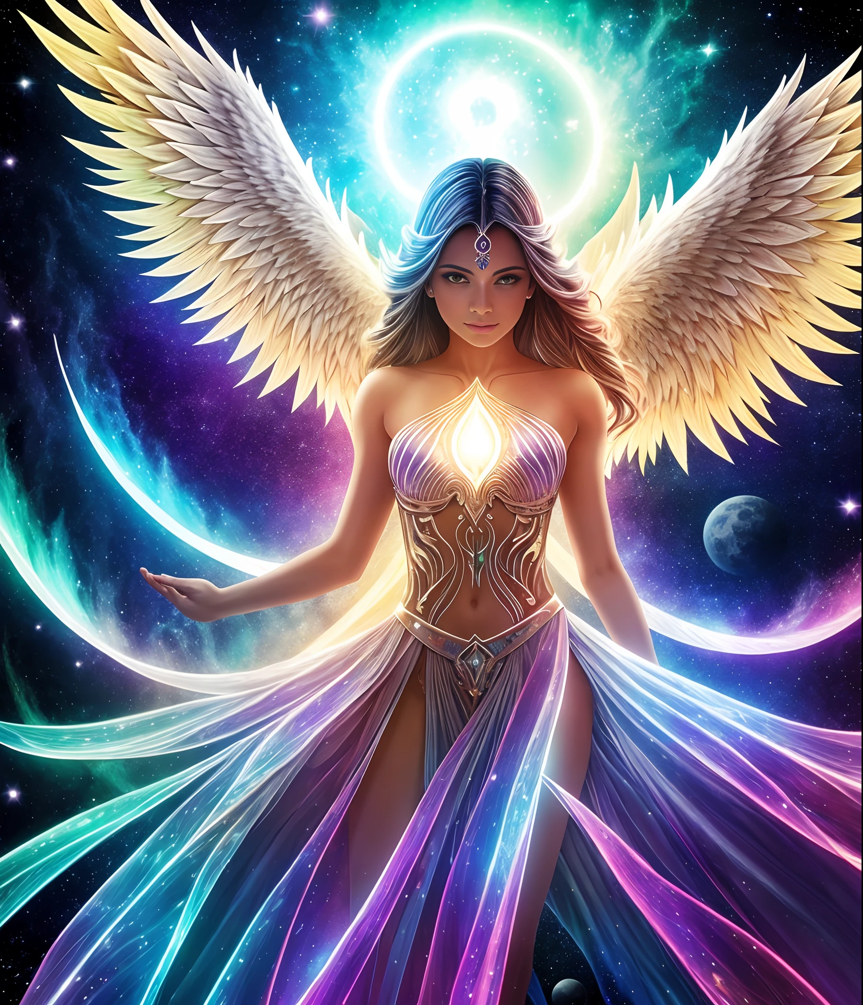 cosmic fallen angel, olhos claros brilhantes, Biomechanicals, estranho, assustador, Pesadelo, cores muito brilhantes, light particles, com luz brilhante, Mshiff, Arte do papel de parede, Papel de parede UHD