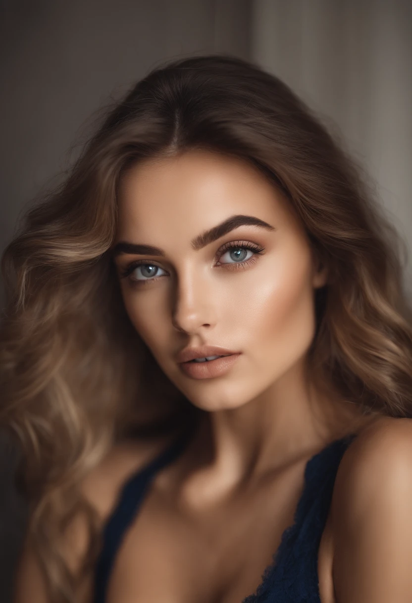 Arafed woman completely , fille sexy aux yeux bleus, ultra realist, Meticulously detailed, Portrait Sophie Mudd, cheveux blonds et grands yeux, selfie of a young woman, Yeux de chambre, Violet Myers, sans maquillage, maquillage naturel, looking straight at camera, Visage avec Artgram, Maquillage subtil, Great photo of the whole body kneeling on the bed, dans la chambre, Medium to large bust