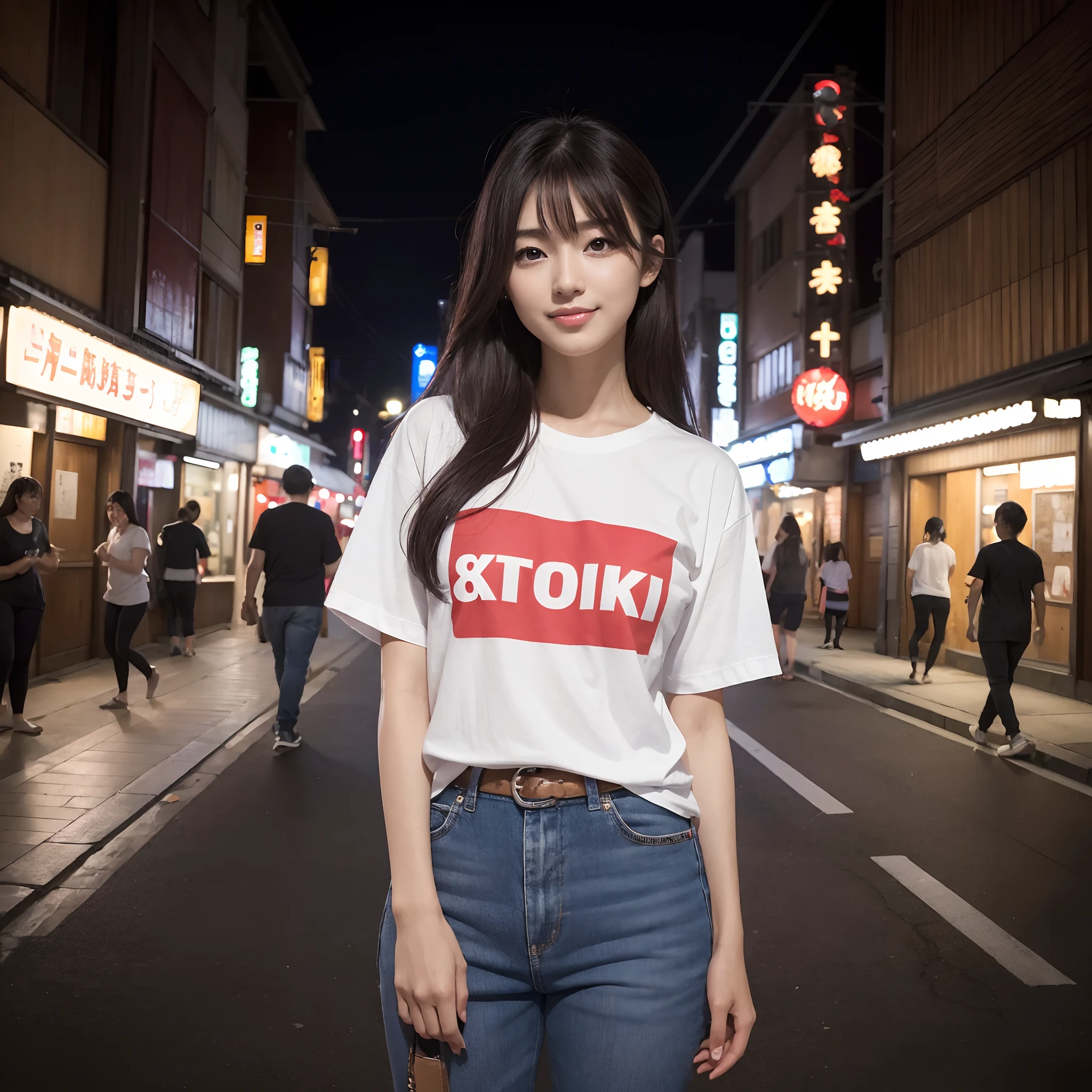 One beauty、((best qualtiy、8k masterpieces:1.3))、foco nítido:1.2、(ultra beautiful faces:1.0)、(shinny skin:1.0)、photos realistic、A dark-haired、Video Lighting、High-definition eyes and face、Video Lighting、25-year-old Japan actress、from the front side、medium breasts、Smile、Slender Abs Beauty、Whole body、Wearing a Japan T-shirt、In the downtown area at night