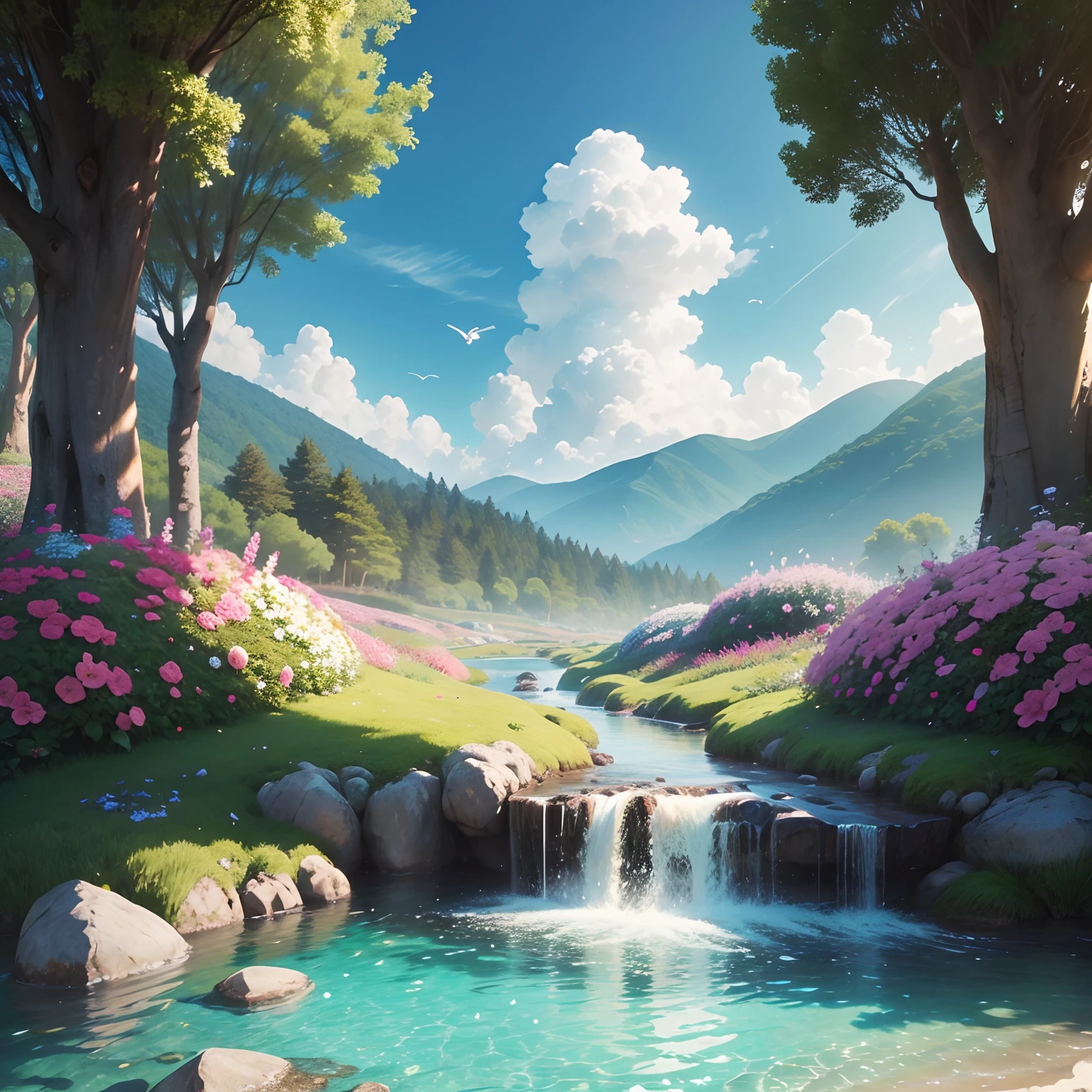 "A beautiful flowery field, com flores e rosas coloridas diamantes, crystal water, Sustainable homes in nature, arte realista, alta qualidade, realismo, lindas cores, rosas diamantes, super detalhado, hiper realista, natureza brilhante, rosas detalhas, rosas brilhosas, flores brilhantes, natureza resplandecente, arte viva, Enchanting paradise, nuvens entre folhas, nuvens entre a natureza, magical birds, wings of shining birds, cores naturais, pedras preciosas verdes, diamantes coloridos nas flores, diamantes coloridos nas rosas, HD, 10K.”