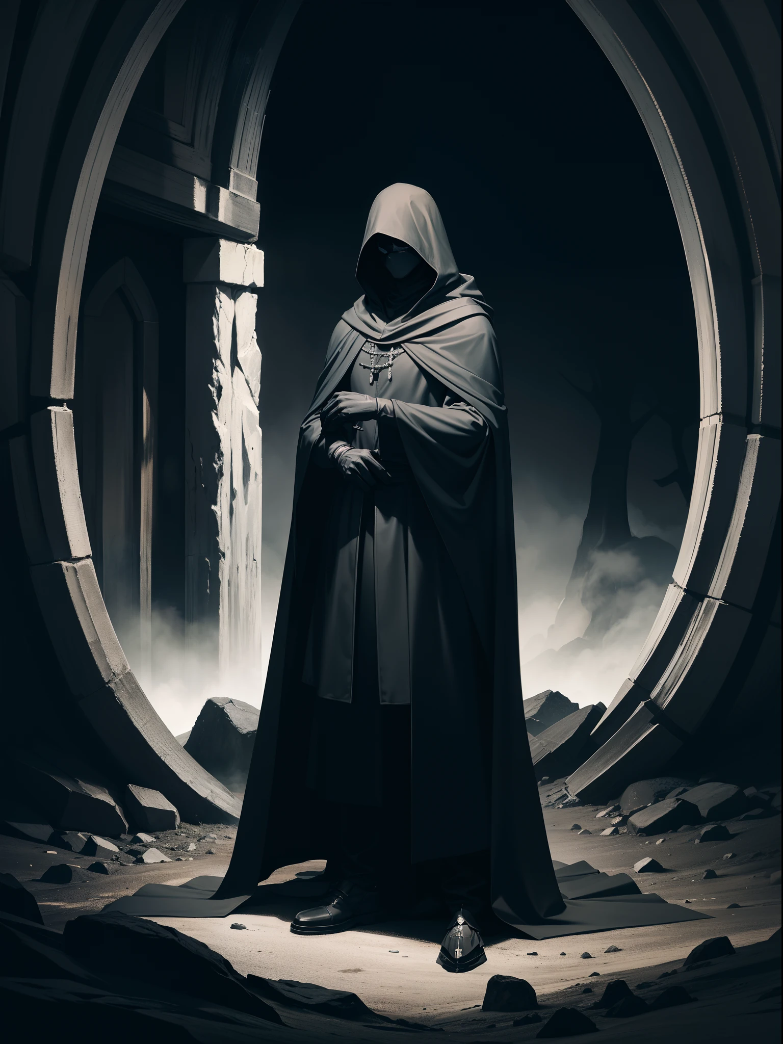 Full body,Man in a cloak with a hood covering the upper part of his face,black gloves,dark theme,dark light,16k,ultra realism, fantasy style,dark forest background