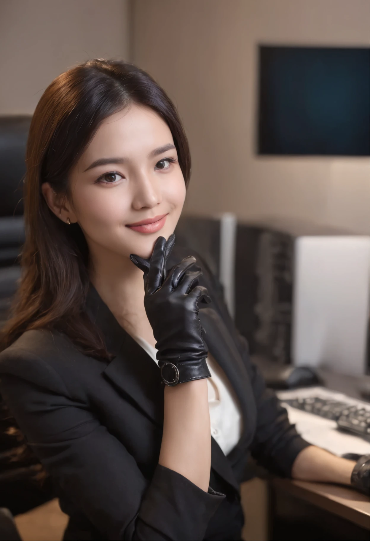 Wearing black leather gloves on both hands, Upper body, Black business suit, Facing the desk in my room with a computer in the dark, Smiling and looking at the screen, Operating the computer with the fingertips of black leather gloves, Black hair was tied back for a long time, Japan female new employee who is still young and very cute (Black leather gloves cover both hands)