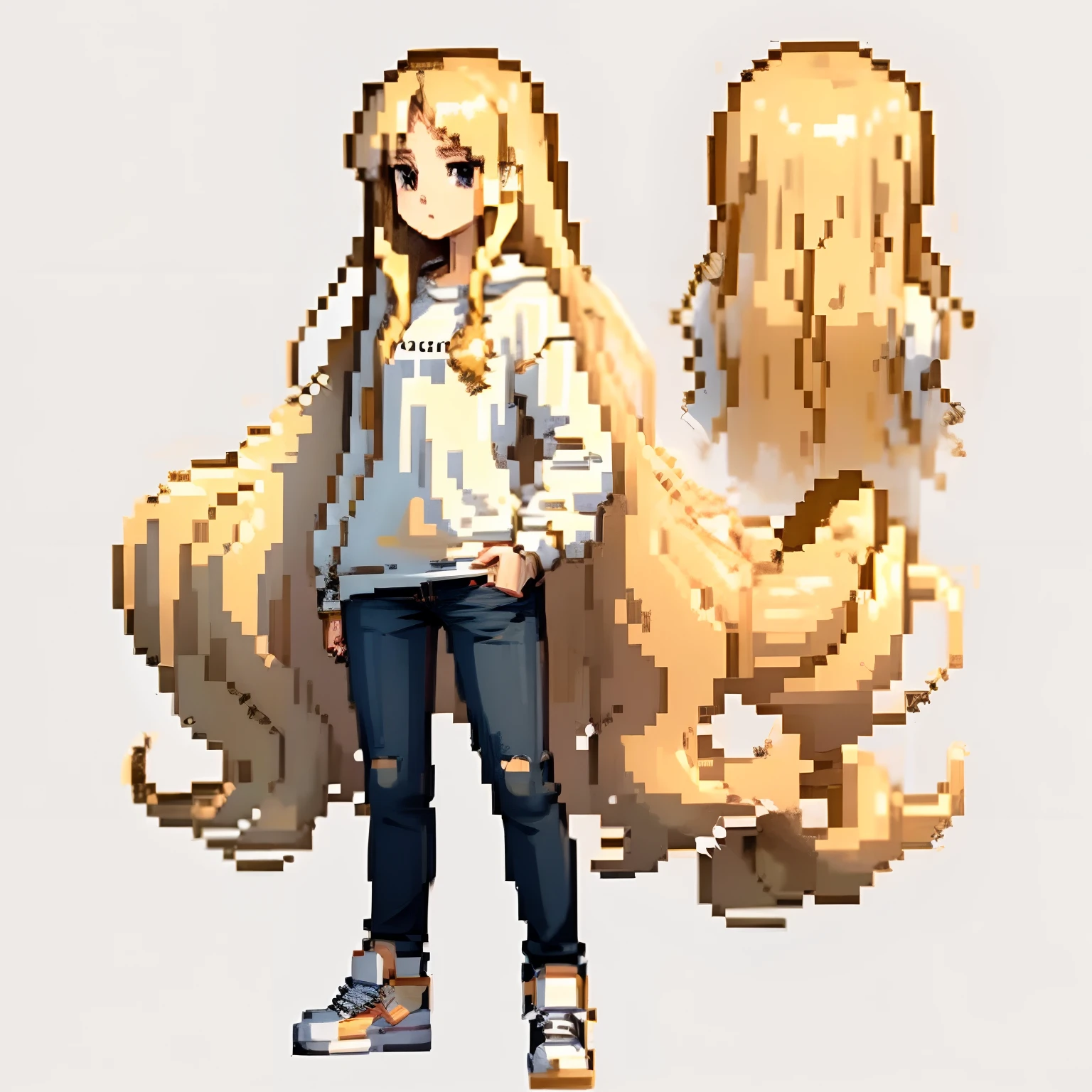 concept art of the character, white background, full body, standing, 1 girl, long and wavy golden hair, thin white long-sleeved shirt, jeans and black sneakers, , extremely beautiful, timid and sad posture, sketches of the character around her