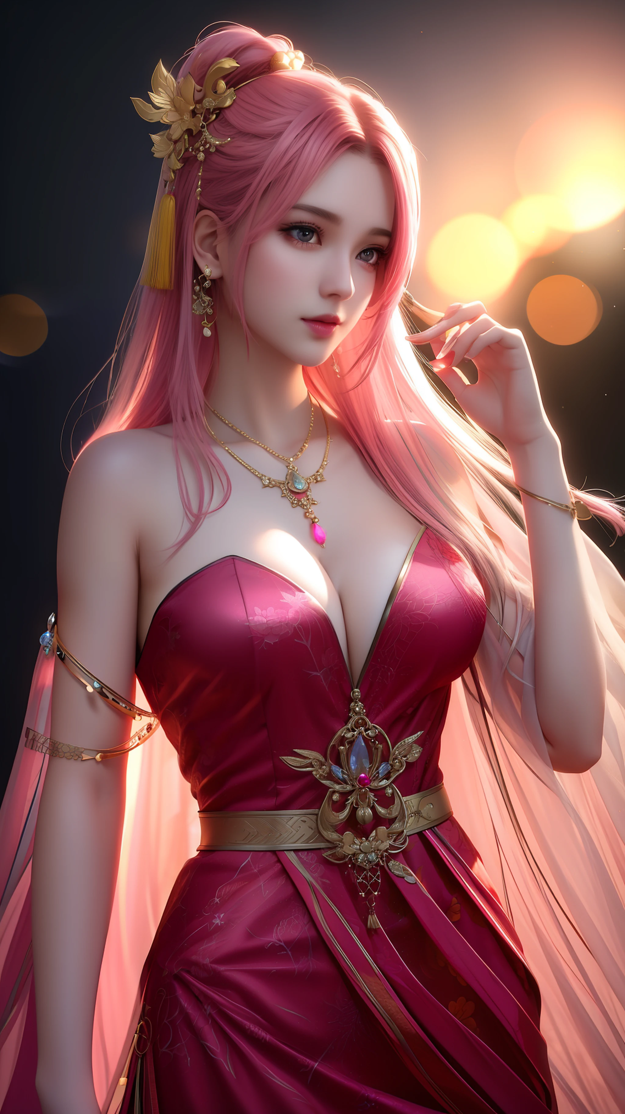 best quality, masterpiece, highres, 1girl, china dress, hair ornament, necklace, jewelry, Beautiful face, upon_body, tyndall effect, photorealistic, dark studio, rim lighting, two tone lighting, (high detailed skin:1.2), 8k uhd, dslr, soft lighting, high quality, volumetric lighting, candid, Photograph, high resolution, 4k, 8k, Bokeh, pink hair, medium breasts,