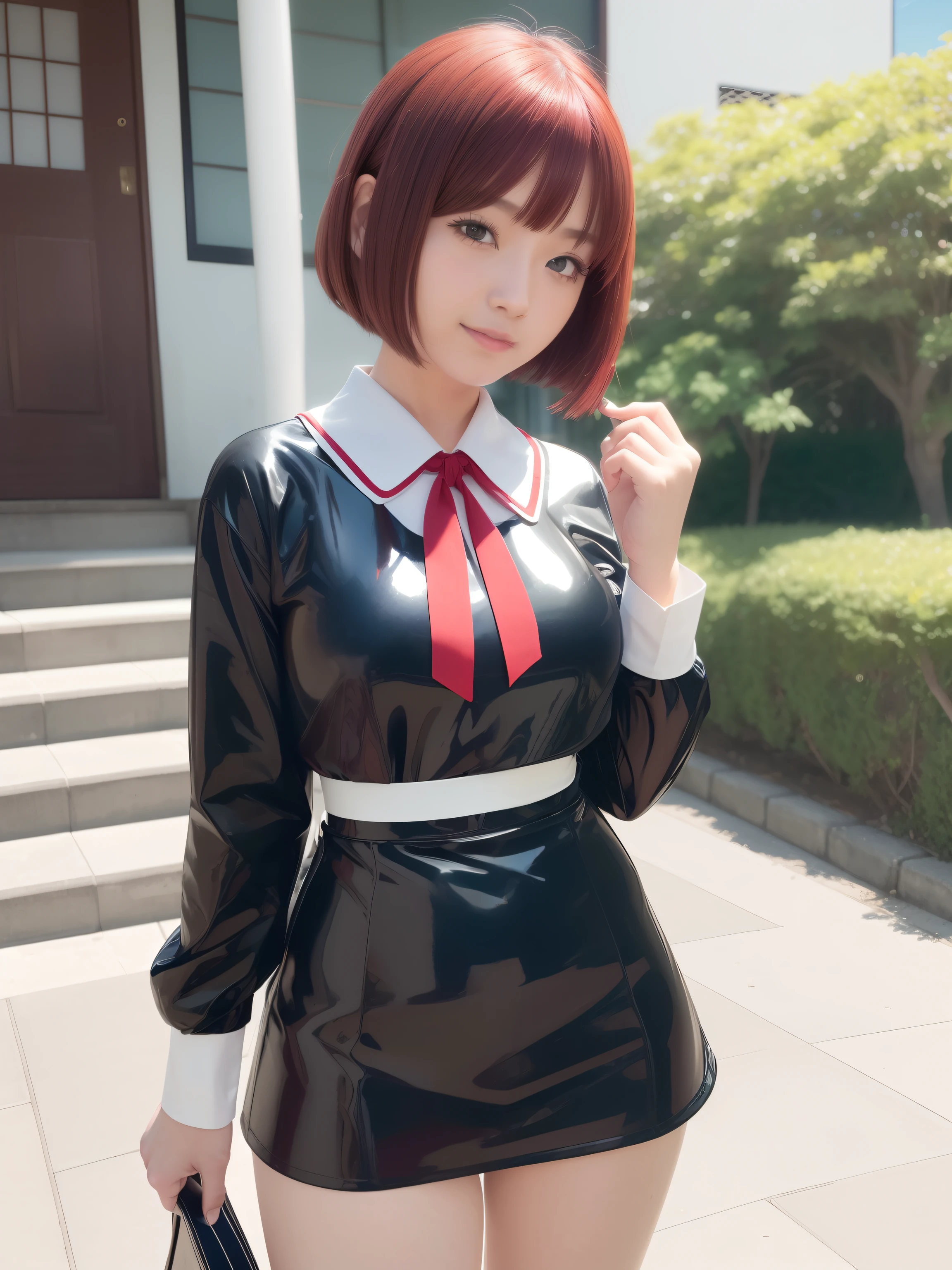 masutepiece,A hyper-realistic,32K,the Extremely Detailed CG Unity 8K Wallpapers, Best Quality,1 Beautiful Japan Woman,(Japanese high school girl, Japan school uniform,Japanese student uniform,Japan black latex sailor suit:1.5,long-sleeve,White Large Latex Sailor Color:1.2,Big Red Latex Sailor Ribbon: 1.4,Cowboy Shot, Street, garden, (Film grain:1.2), (Film Overlay:1.3),Smile,Bob Cut Hair,