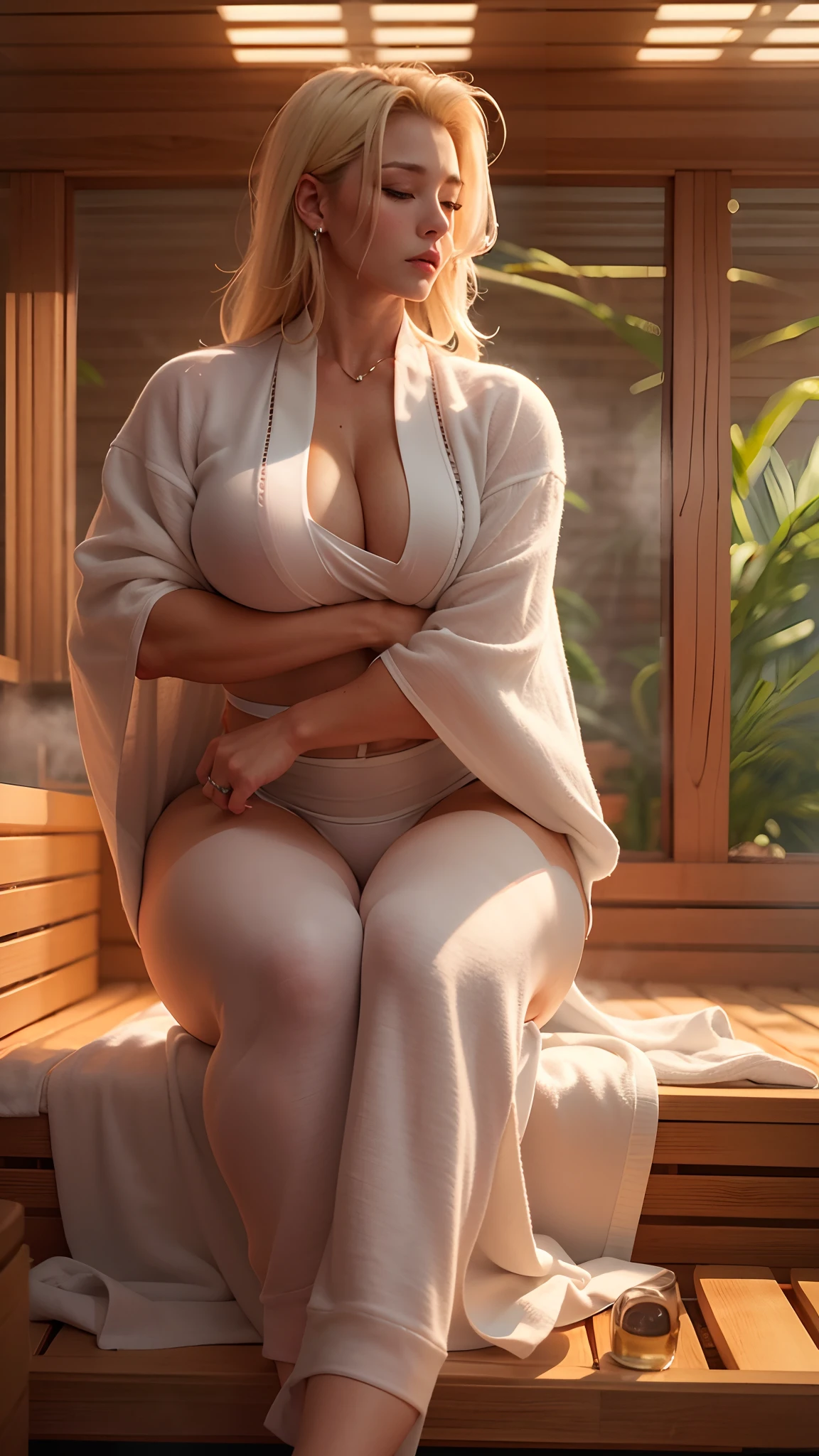 Gigantic sweet milf pretty blonde muscle bodybuilder clso curvy body with cute waist and big thick ABS with sweating skin wearing white kimono and she lying on the sauna photorealistic and super hyperrealsim with ultra high quality and highly Detailed 8k