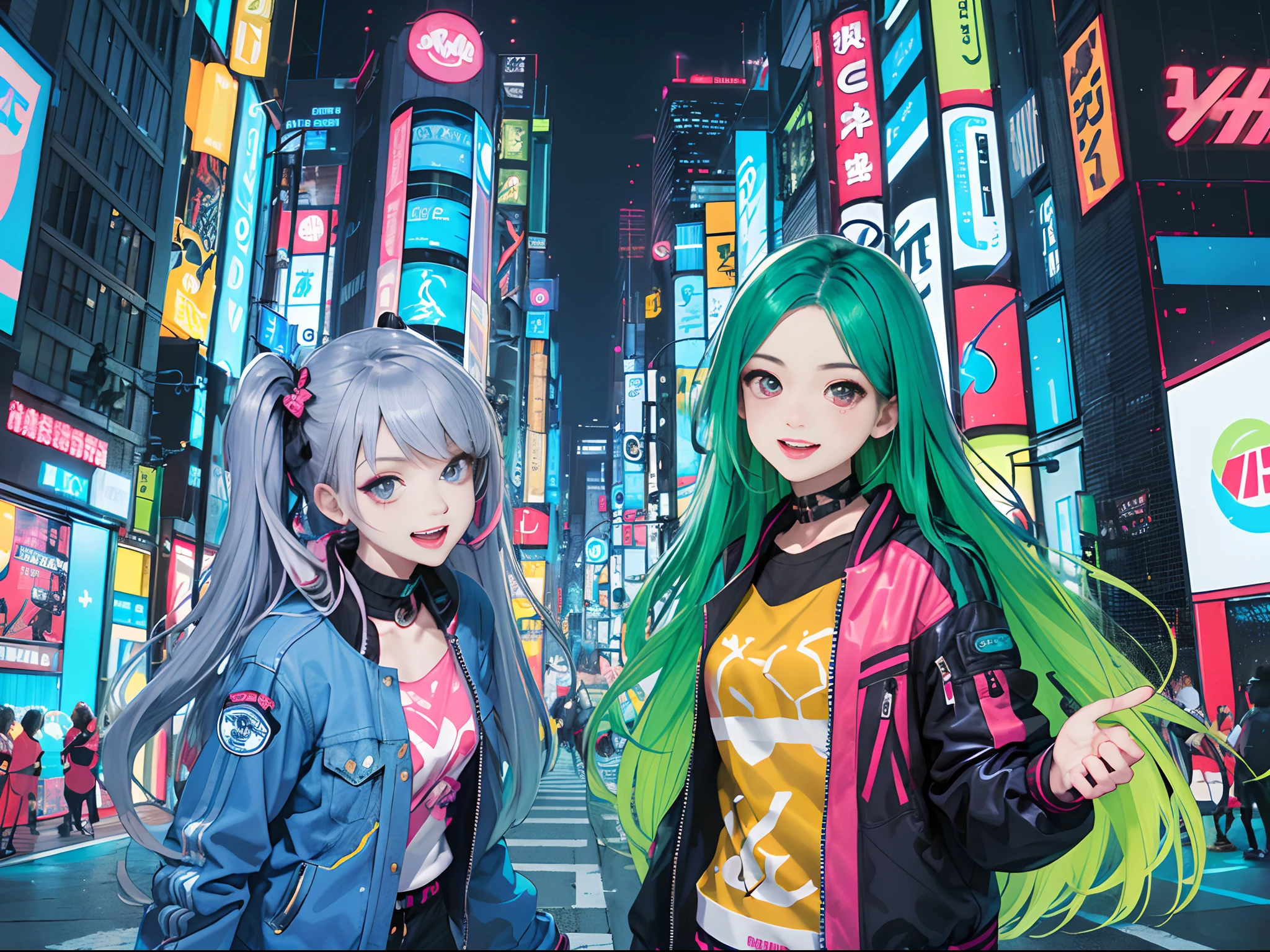 An anime illustration of 2 happy cyberpunk girls, confident laughing cyberpunk girls, ((Harajuku-inspired pop outfit and tech jacket)), bold colors and patterns, eye-catching accessories, trendy and innovative hairstyle, vibrant makeup, ((dynamic pose)), futuristic dazzling Cyberpunk cityscape, skyscrapers, neon signs, glowing LED lights, bright and vivid color scheme, anime, illustration, (beautiful detailed face), intricate details, ultra detailed.
