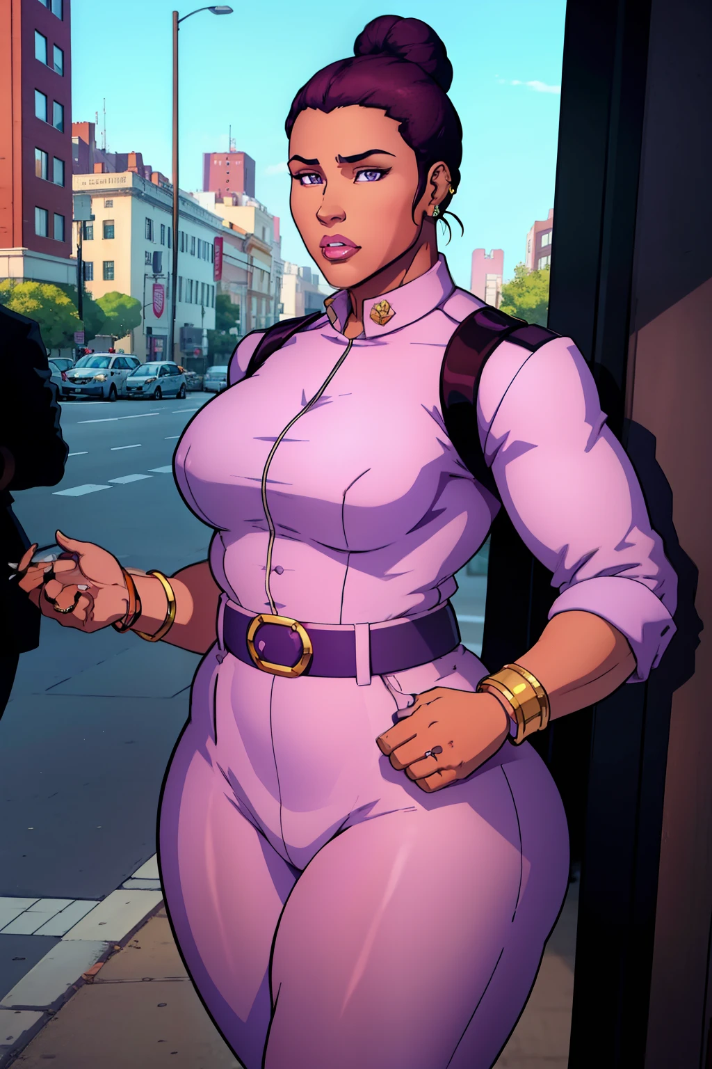 Best quality, solo mature woman, chubby physique, ((small breasts)) dark brown skin, earrings, bracelets, rings, low bun, lilac eyes, full lips, professional, police uniform, police pants, face like Nicki Minaj