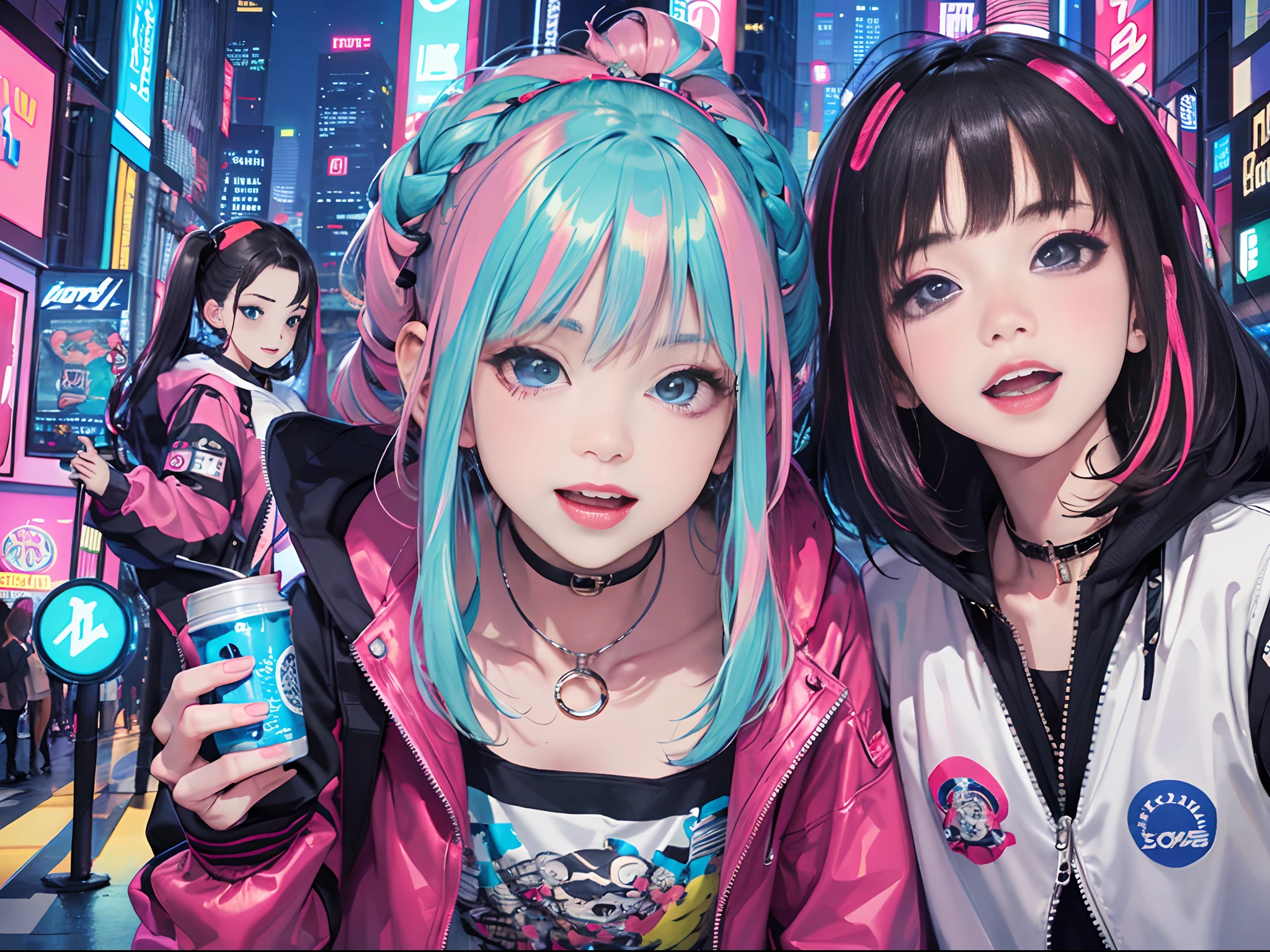 An anime illustration of 2 happy cyberpunk girls, confident laughing cyberpunk girls, ((Harajuku-inspired pop outfit and tech jacket)), bold colors and patterns, eye-catching accessories, trendy and innovative hairstyle, vibrant makeup, ((dynamic pose)), futuristic dazzling Cyberpunk cityscape, skyscrapers, neon signs, glowing LED lights, bright and vivid color scheme, anime, illustration, (beautiful detailed face), intricate details, ultra detailed.