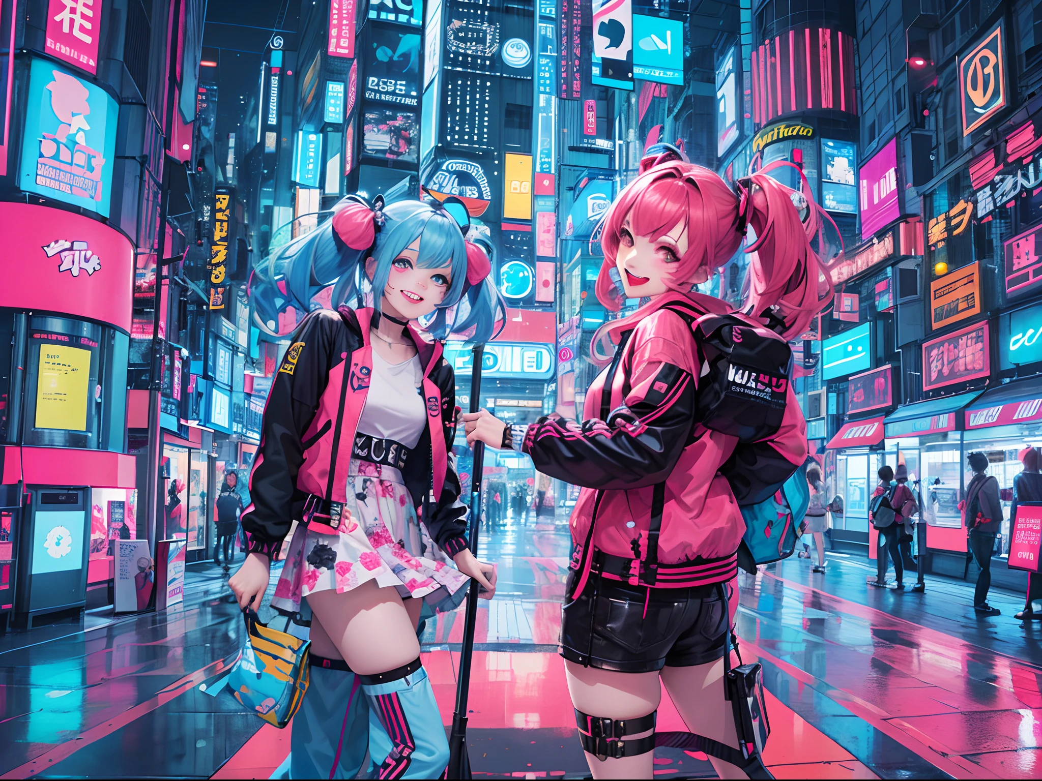 An anime illustration of 2 happy cyberpunk girls, confident laughing cyberpunk girls, ((Harajuku-inspired pop outfit and tech jacket)), bold colors and patterns, eye-catching accessories, trendy and innovative hairstyle, vibrant makeup, ((dynamic pose)), futuristic dazzling Cyberpunk cityscape, skyscrapers, neon signs, glowing LED lights, bright and vivid color scheme, anime, illustration, (beautiful detailed face), intricate details, ultra detailed.