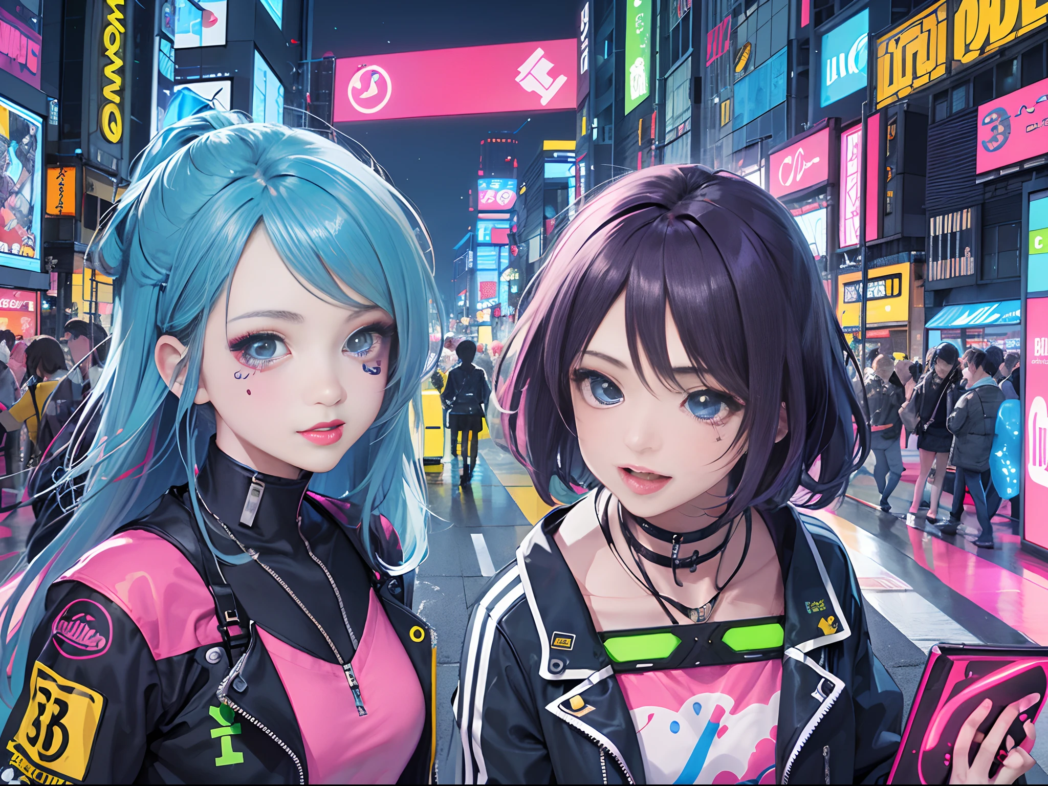 An anime illustration of 2 happy cyberpunk girls, confident laughing cyberpunk girls, ((Harajuku-inspired pop outfit and tech jacket)), bold colors and patterns, eye-catching accessories, trendy and innovative hairstyle, vibrant makeup, ((dynamic pose)), futuristic dazzling Cyberpunk cityscape, skyscrapers, neon signs, glowing LED lights, bright and vivid color scheme, anime, illustration, (beautiful detailed face), intricate details, ultra detailed.