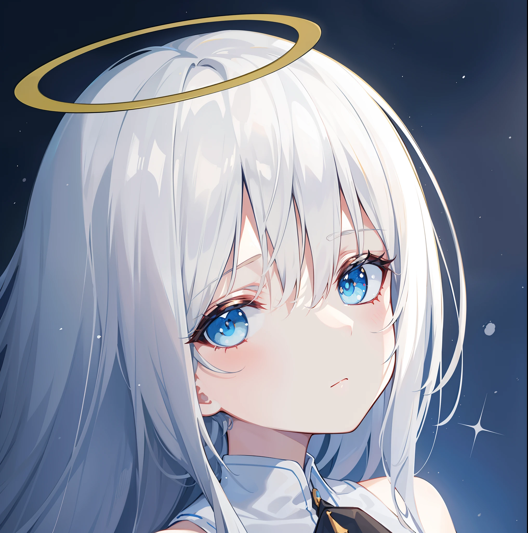 hiquality, tmasterpiece (one girls). Angel. snow-white hair. white clothing. golden halo. Cyan eyes. calm face. Against the background of the sky
