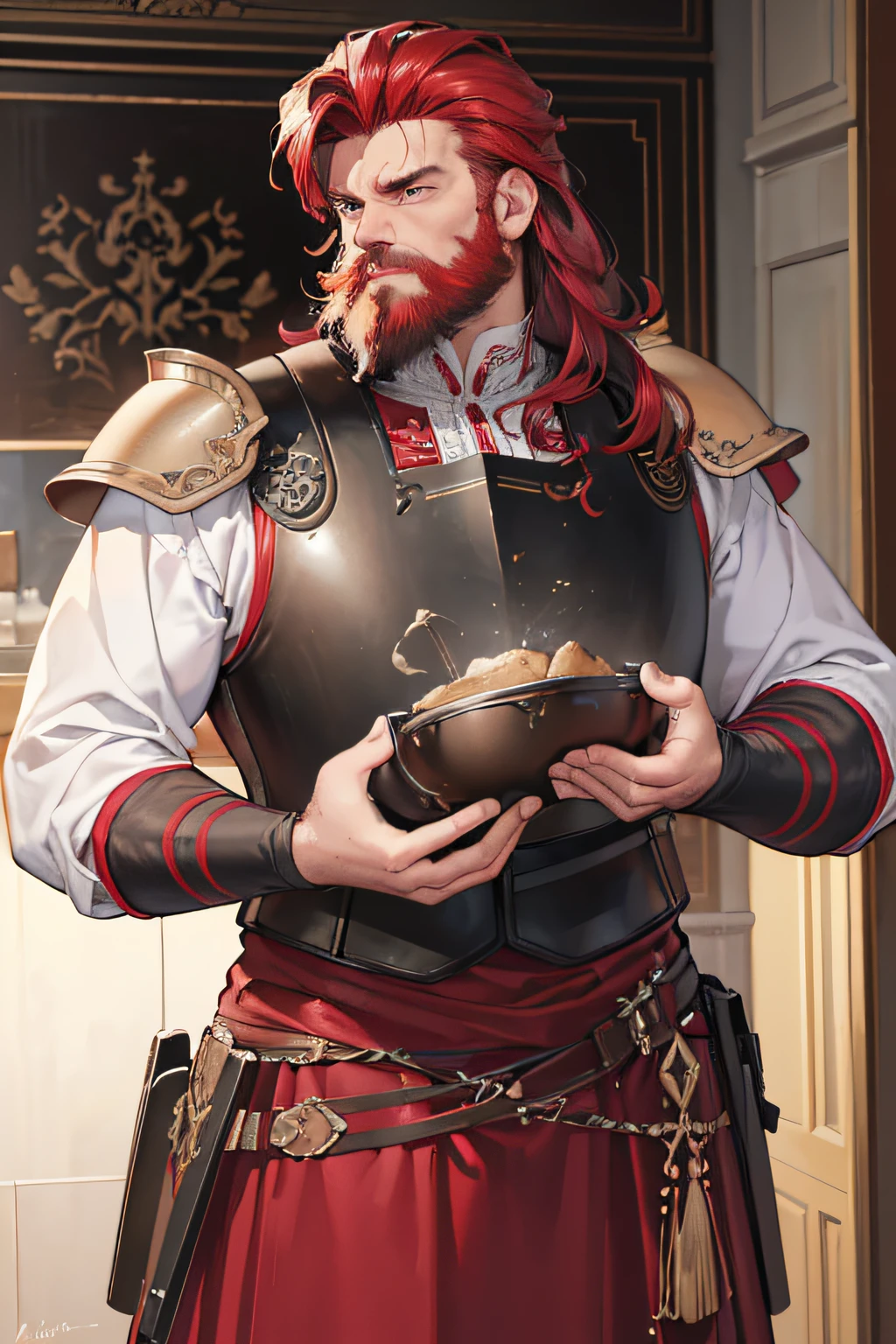 (best quality,4k,8k,highres,masterpiece:1.2),ultra-detailed,(realistic,photorealistic,photo-realistic:1.37),middle-aged man,red-haired man,bearded man,man with long red beard and sideburns,wearing burgundy plate armor,carrying a large sword