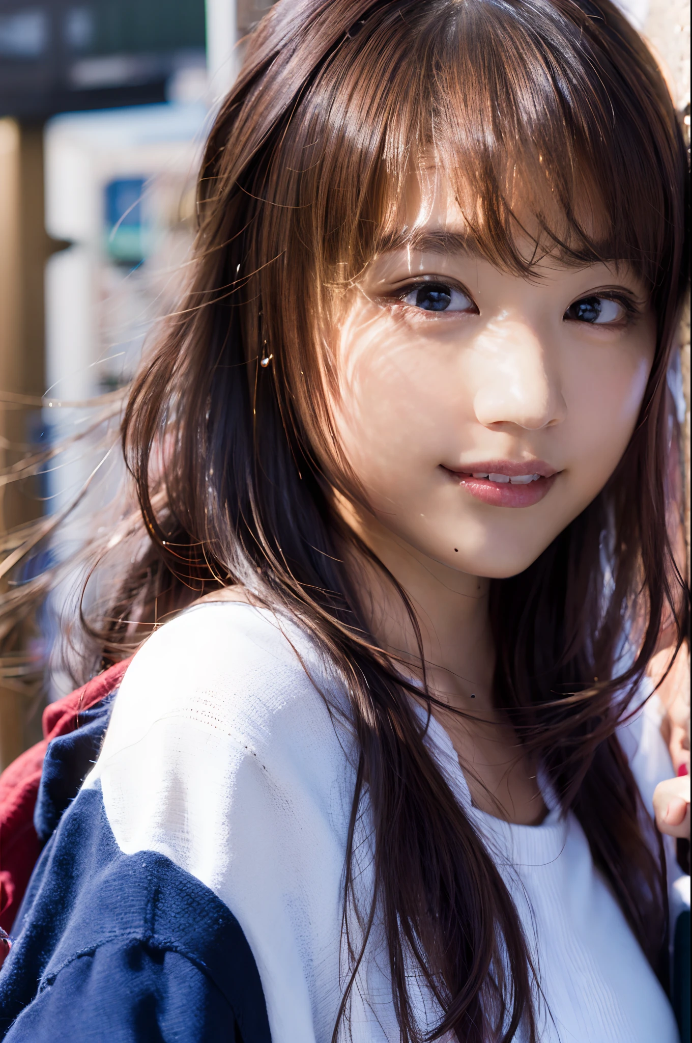 (8k, RAW photo, best quality, masterpiece:1.2), (realistic, photo-realistic:1.37), ultra-detailed, ultra high res,1 girl,looking at viewer,beautiful detailed face,smile,narrow,(slim waist:1.3),shirt, beautiful detailed skin, skin texture, floating hair,professional lighting,