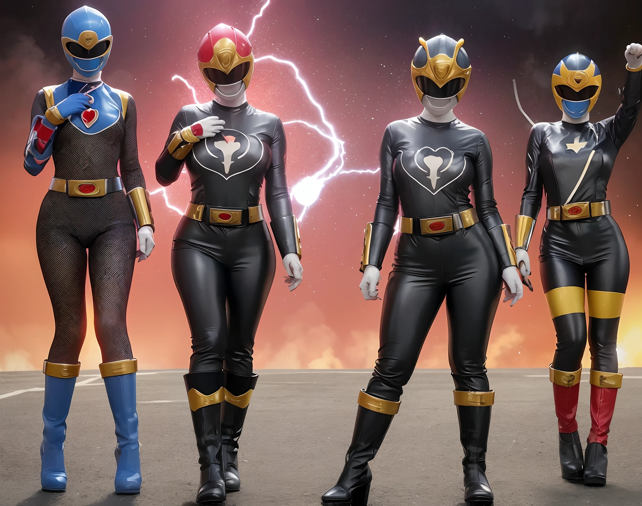 super SENTAI, Power Ranger, black latex, high leg, 5girls. evil figure, whole body,sexy pose, empty eyes, chained to machines, forehead, Heart tattoo, glowing tube, helmet, colorful lightning, headphone, chastity belt, ecstasy, costume with visible navel, glitter on costume