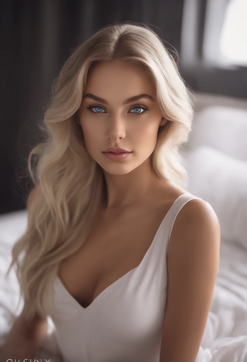 arafed woman fully , sexy girl with blue eyes, ultra realistic, meticulously detailed, portrait sophie mudd, blonde hair and large eyes, selfie of a young woman, bedroom eyes, violet myers, without makeup, natural makeup, looking directly at the camera, face with artgram, subtle makeup, stunning full body shot kneeling on bed, in bedroom, medium to large size bust