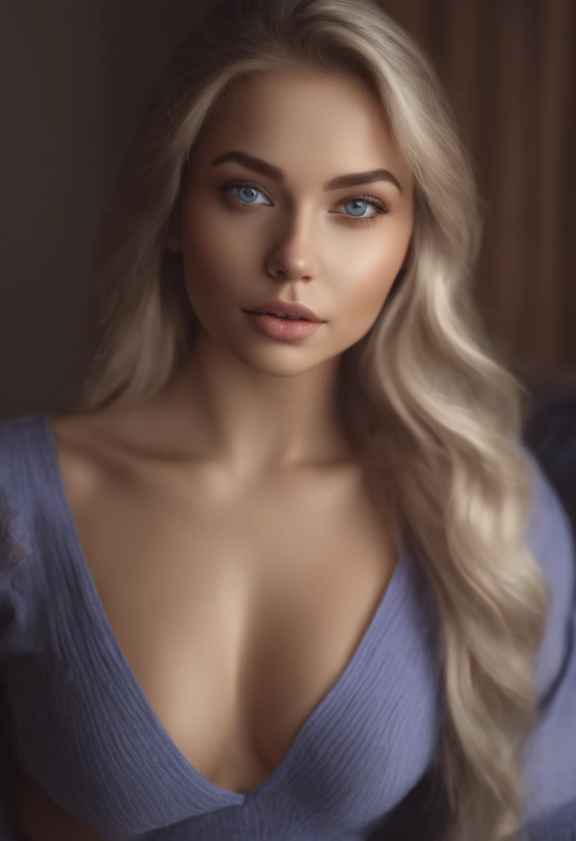 arafed woman fully , sexy girl with blue eyes, ultra realistic, meticulously detailed, portrait sophie mudd, blonde hair and large eyes, selfie of a young woman, bedroom eyes, violet myers, without makeup, natural makeup, looking directly at the camera, face with artgram, subtle makeup, stunning full body shot kneeling on bed, in bedroom, medium to large size bust