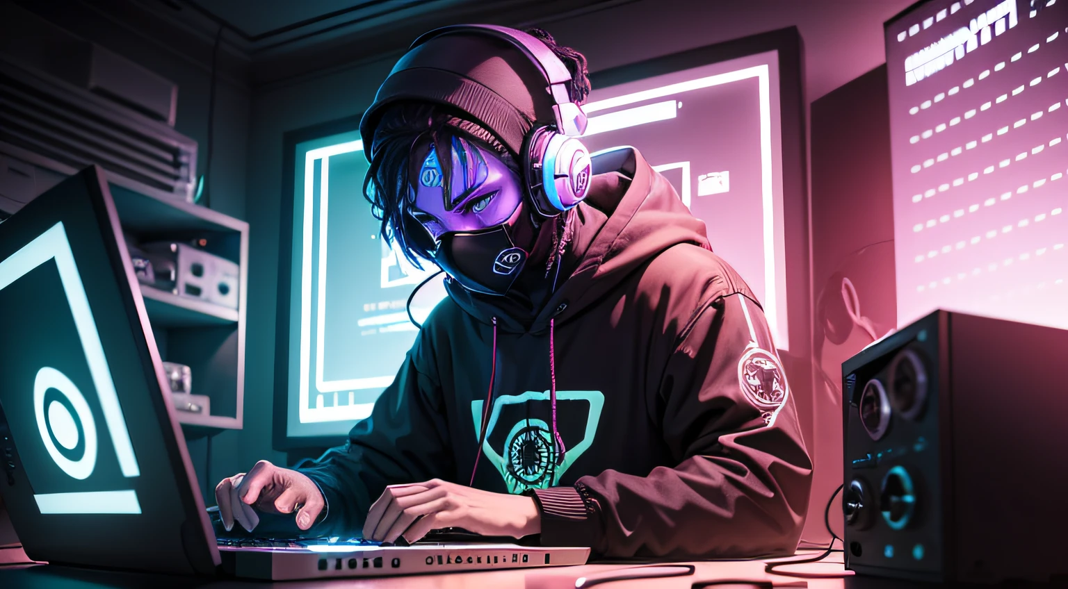 A beatmaker with a mask wearing headphones in a homestudio, fundo escuro, cores neon