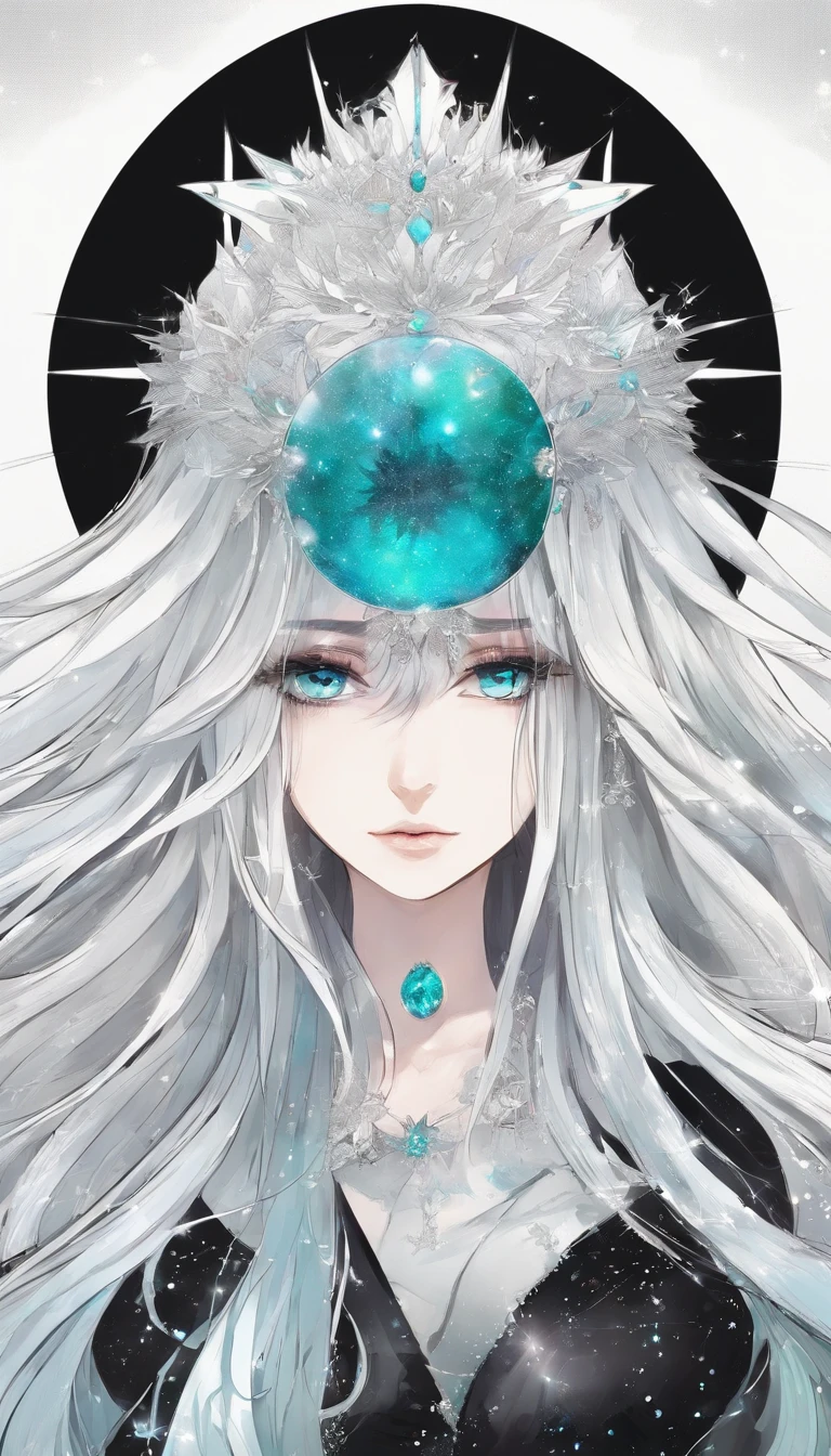 Girl with long straight white hair. One eye with a bright turquoise iris, the second with a dark gray iris. Under the right eye is a black star. Ballroom fluffy shiny black dress covered with crystals. Slim crown with black moon.