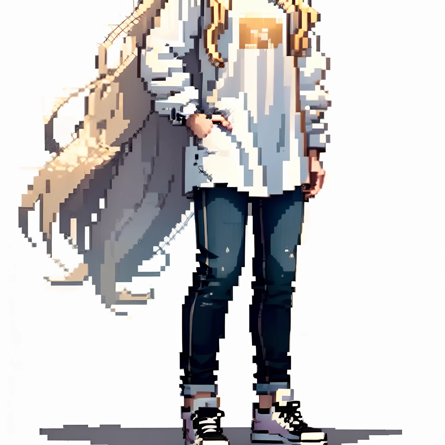 character concept art, white background, full body, standing, 1 girl, long wavy golden hair, thin white long-sleeved shirt, jeans and black sneakers, , extremely pretty, withdrawn and shy pose, blank expression, sketches of the character around her