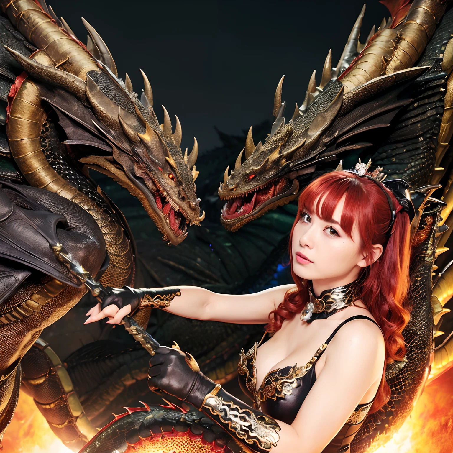 (The Ultimate Beauty Face), Professional , ​masterpiece、top-quality、photos realistic , depth of fields （Gemstone Black Metal Body:1.4),(Matte Black、（cleavage of the breast）、Dragon Gold Weapon,Mystical expression、Particles of light、((((Fight dragons)))、（Dragon Metal Body:1.４),Gorgeous Silver Weapons ,（（ Dragon's dense and gorgeous sword）） , Beautiful knife   ,warhammer 40k , adepta sororitas,Detail and gorgeous crown、（（Red hair））、（Castle background）、、（（Gangle's forest background））、Beautiful Caucasian beauty、１a person、dynamic ungle,(((Detailed and ornate Black Devil Crown)))、Smaller head、A smile、Castle background、Thin and beautiful female hands、cleavage of the breast、Soldier in iron armor on background、Mystical expression、Light Effects、intense fighting、Wind-effect、magic circles、With the legendary magic wand、（demonic wings）、